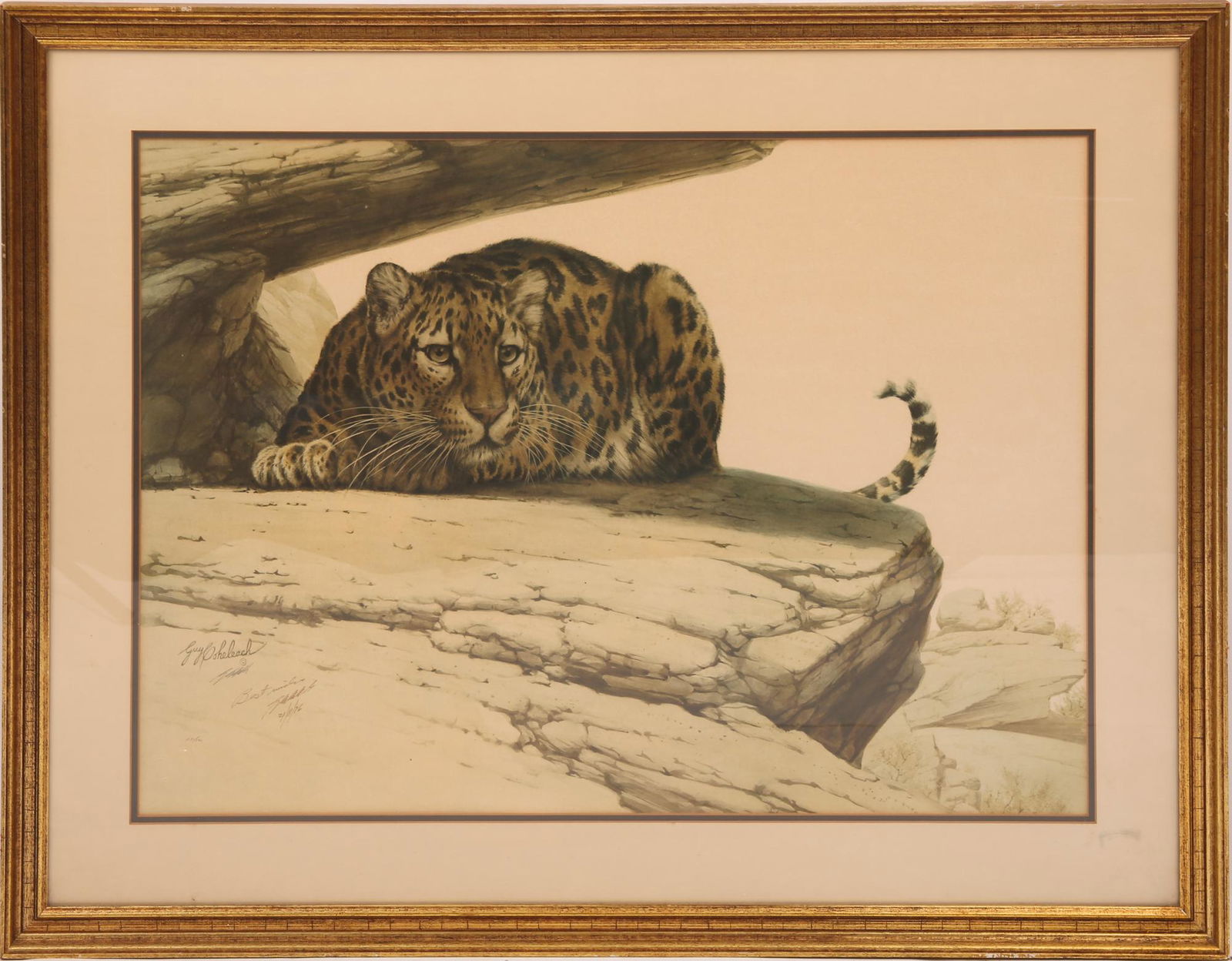 GUY COHELEACH SIGNED LEOPARD LITHOGRAPH PRINT: GUY COHELEACH SIGNED LEOPARD LITHOGRAPH PRINT Guy Coheleach (American, 20th century) lithograph print, titled "Leopard on a Rock", signed in print and in pencil dated 4/11/76, numbered 231/500. Set in