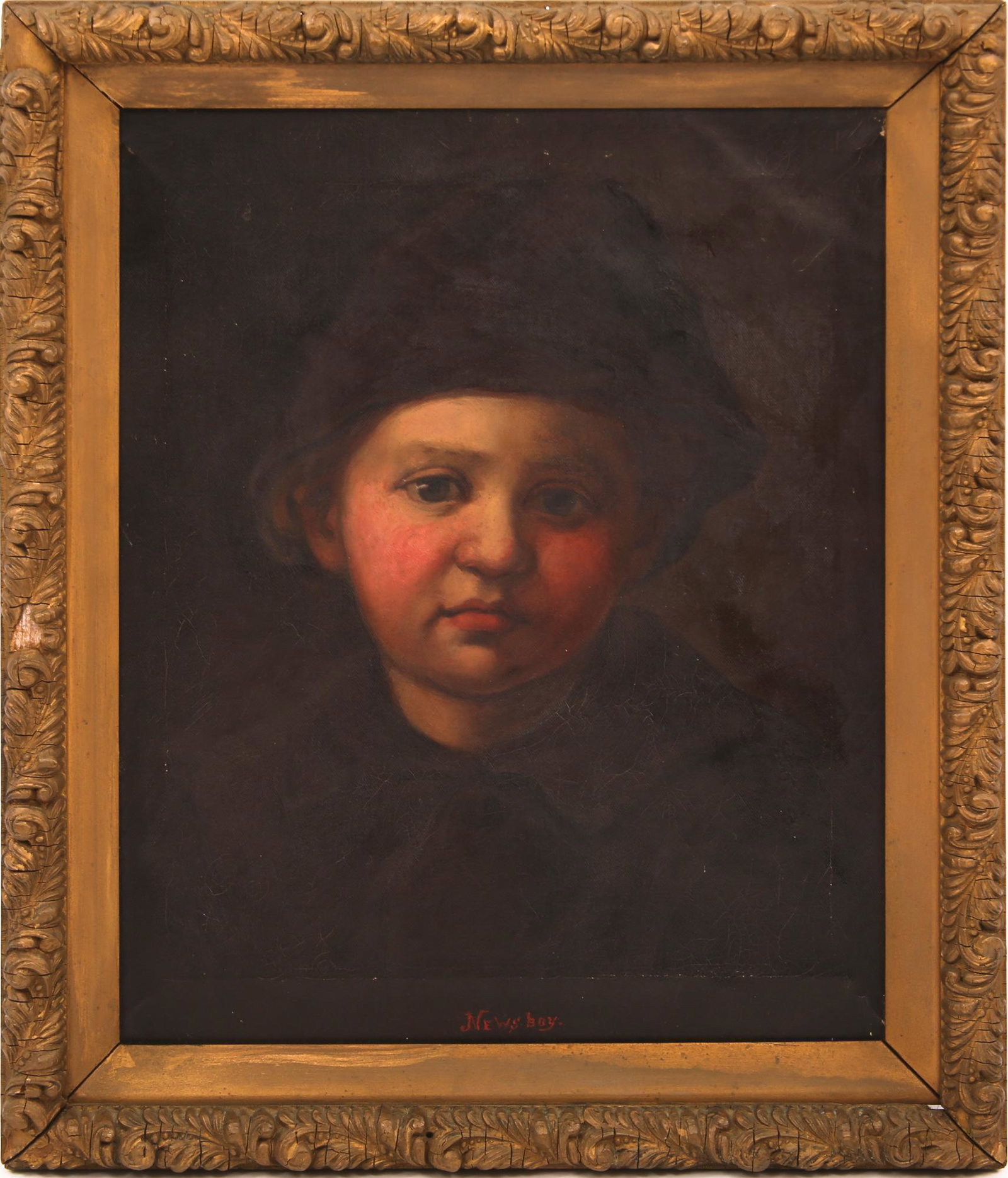 ATTR. KARL WITKOWSKI "NEWS-BOY" OIL ON CANVAS PAINTING: ATTR. KARL WITKOWSKI "NEWS-BOY" OIL ON CANVAS PAINTING Oil on canvas portrait painting of a young boy titled "News-Boy" at bottom center, late 19th century, attributed to Karl Witkowski (Polish/Americ