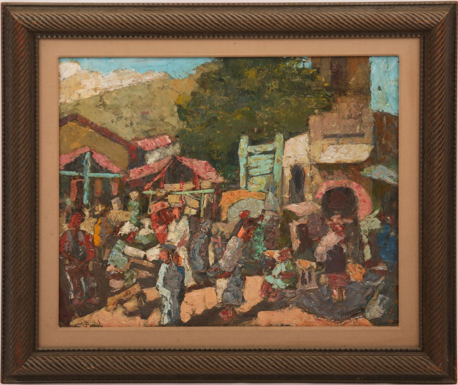 HARRY HERING STREET SCENE OIL ON BOARD PAINTING: HARRY HERING STREET SCENE OIL ON BOARD PAINTING Harry Hering (American, 1887-1967), oil on board painting, depicting a bustling street scene in a heavy impasto style. Signed in the lower right corner.