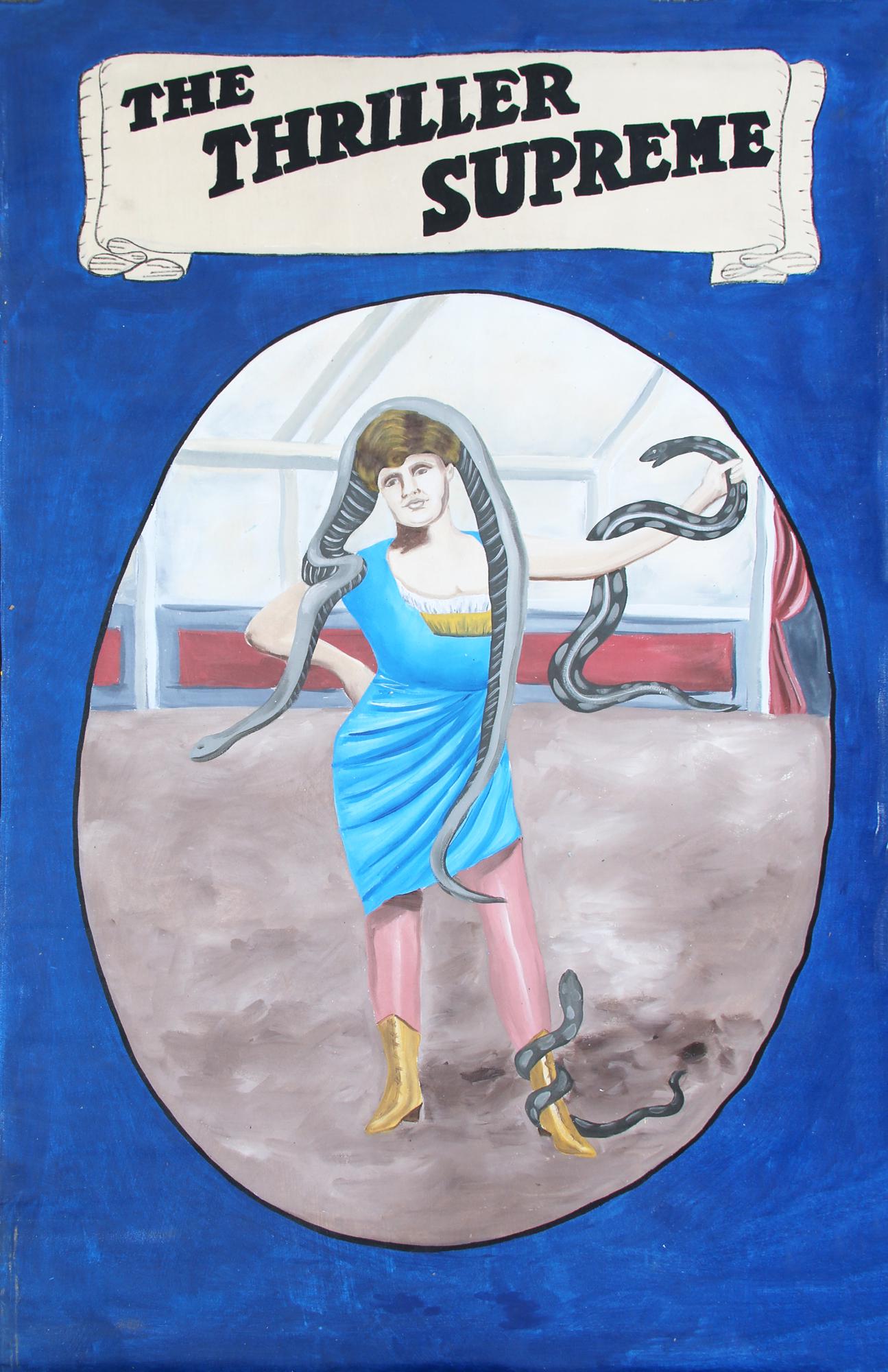 RINGLING BROS & BARNUM & BAILEY THRILLER CIRCUS BANNER: RINGLING BROS & BARNUM & BAILEY THRILLER CIRCUS BANNER Hand painted on canvas banner featuring Ringling Bros. and Barnum & Bailey circus act "The Thriller Supreme", dated 1960's-1970's. Not signed. Si