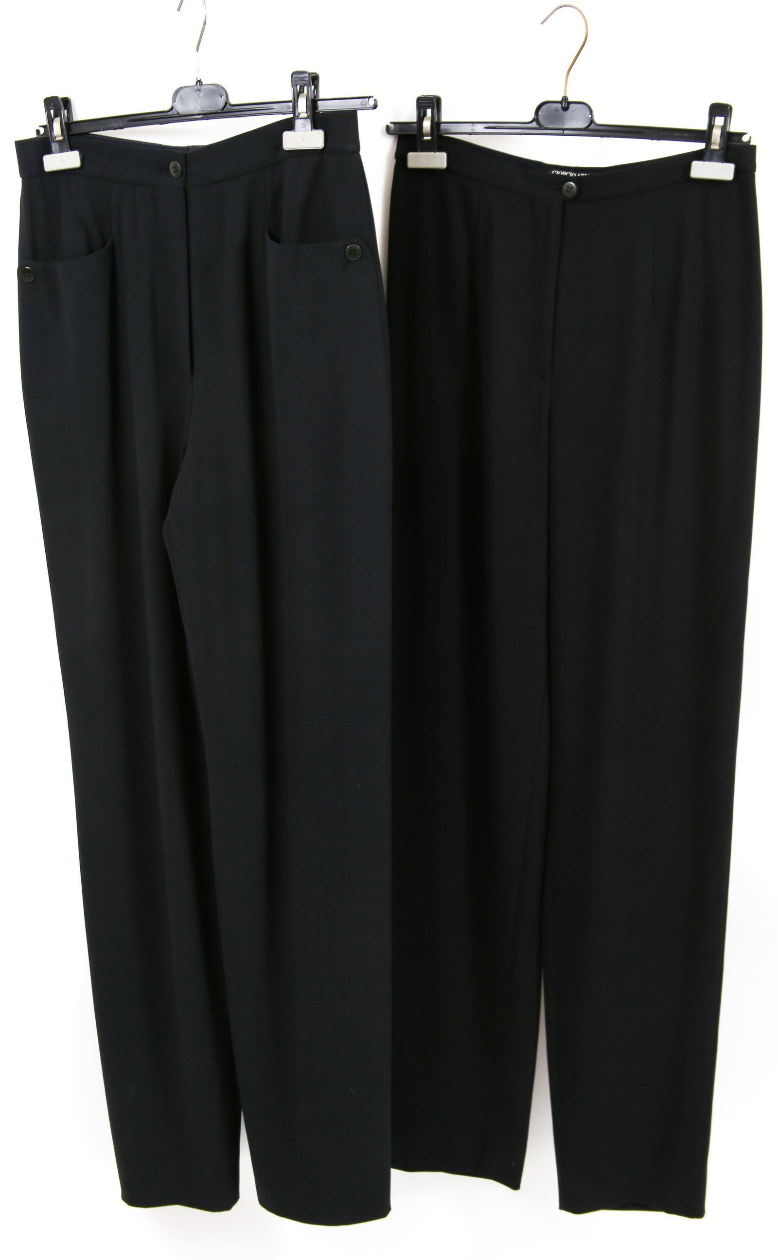 WOMEN'S GIORGIO ARMANI NAVY BLUE TROUSERS - LOT OF 2: WOMEN'S GIORGIO ARMANI NAVY BLUE TROUSERS - LOT OF 2 Women's Giorgio Armani navy blue trousers, includes: 28" waist, 43" from waistline to hemline, 32" inseam; 70% pure new wool, 30% silk. 29" waist, 