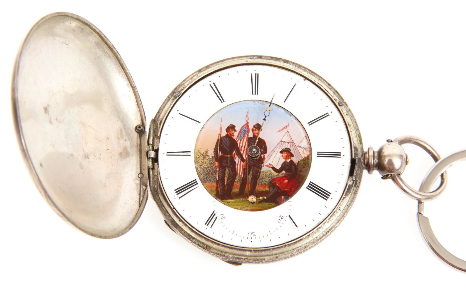 SWISS CIVIL WAR ERA SILVER TONE POCKET WATCH: SWISS CIVIL WAR ERA SILVER TONE POCKET WATCH Swiss Civil War era pocket watch with a silver tone case. Front of case with engraved vignette depicting a soldier with rifle and bayonet at the top of a h