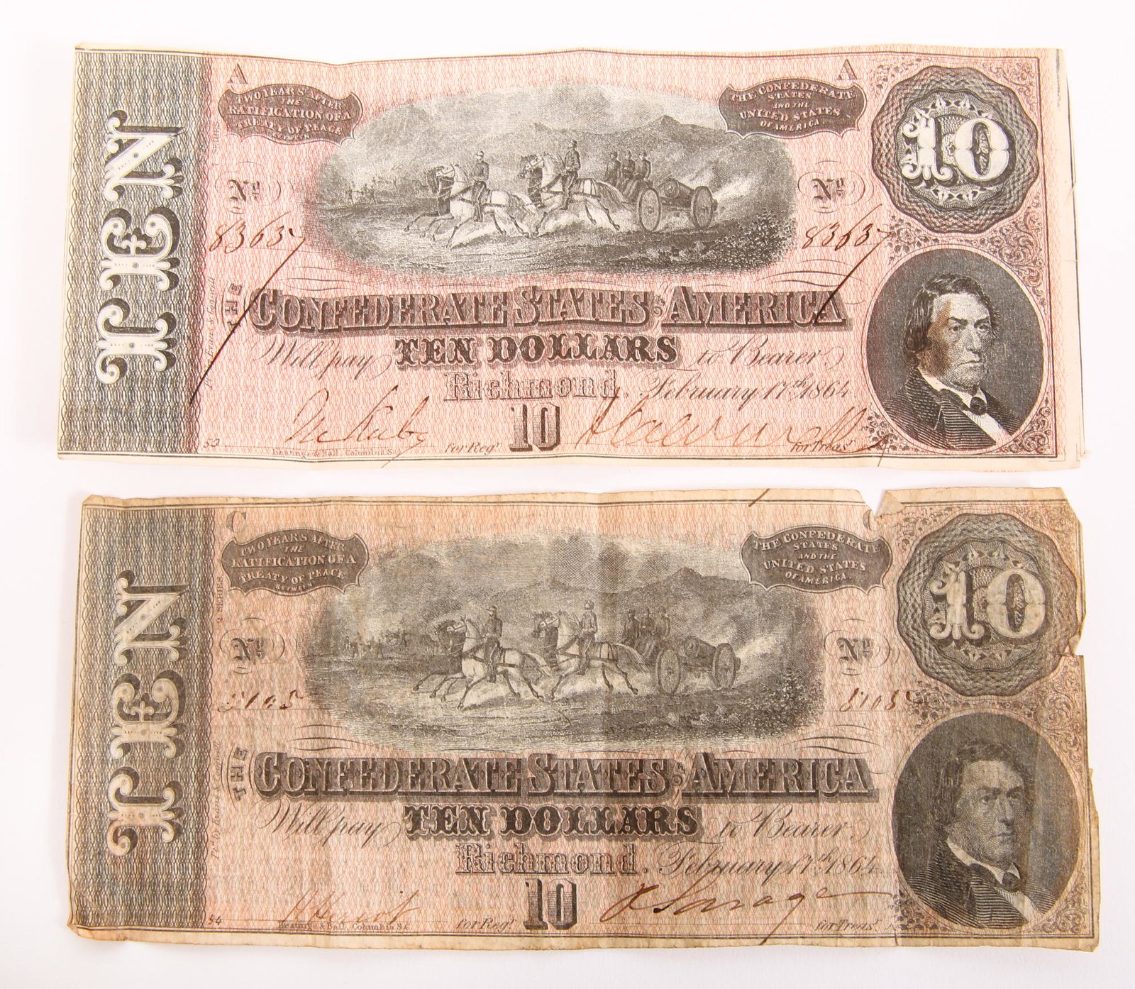 1864 $10 CONFEDERATE STATES OF AMERICA RICHMOND NOTES: 1864 $10 CONFEDERATE STATES OF AMERICA RICHMOND NOTES Lot of two February 17, 1864 $10 Confederate States of America notes, Richmond, Virginia.