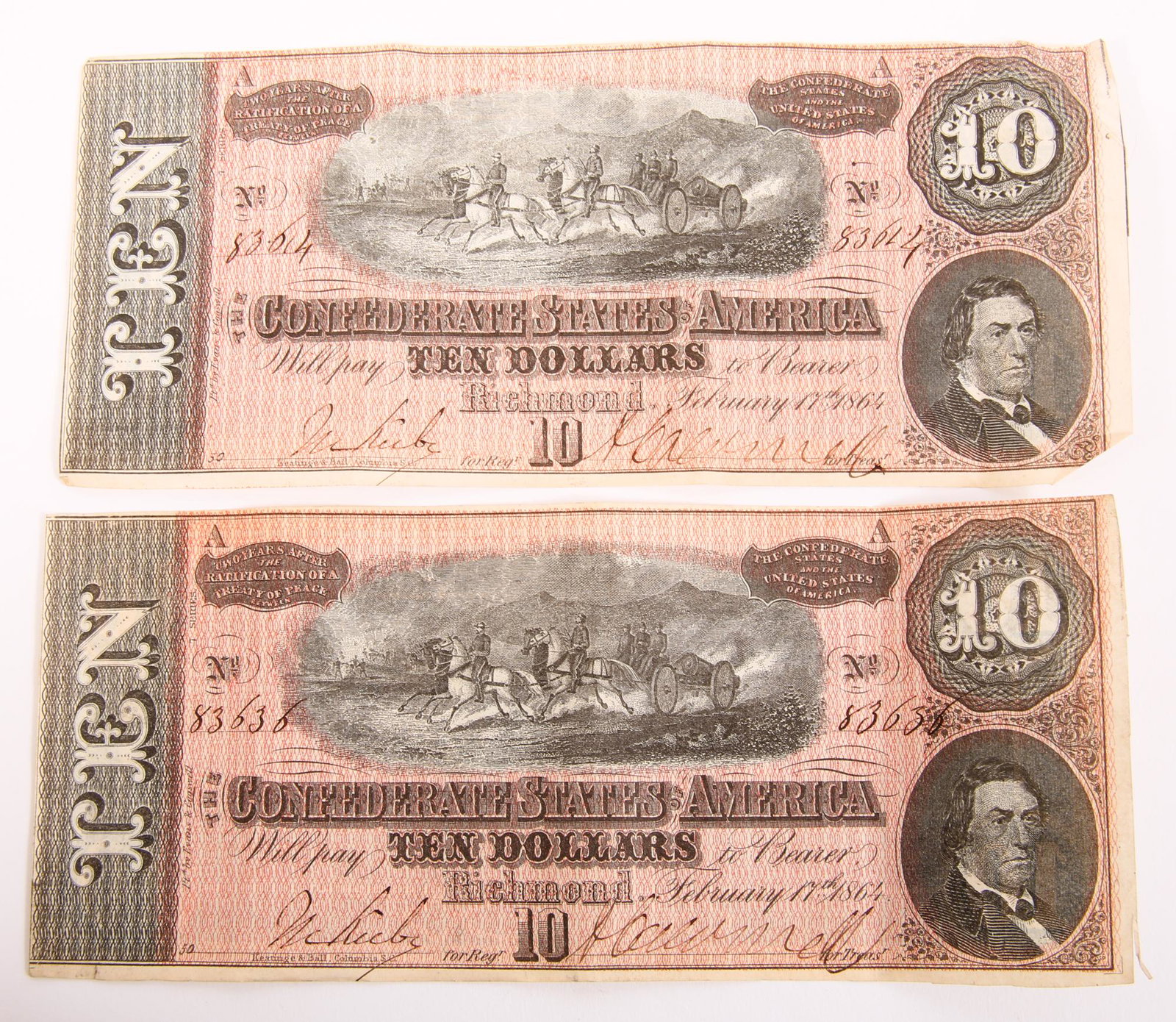 1864 $10 CONFEDERATE STATES OF AMERICA RICHMOND NOTES: 1864 $10 CONFEDERATE STATES OF AMERICA RICHMOND NOTES Lot of two February 17, 1864 $10 Confederate States of America notes, Richmond, Virginia.