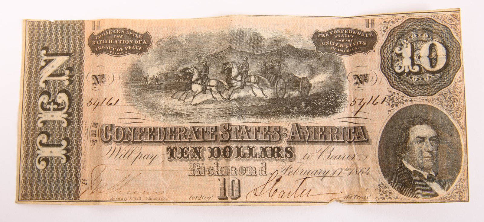 1864 $10 CONFEDERATE STATES OF AMERICA RICHMOND NOTE: 1864 $10 CONFEDERATE STATES OF AMERICA RICHMOND NOTE February 17, 1864 $10 Confederate States of America note, Richmond, Virginia.