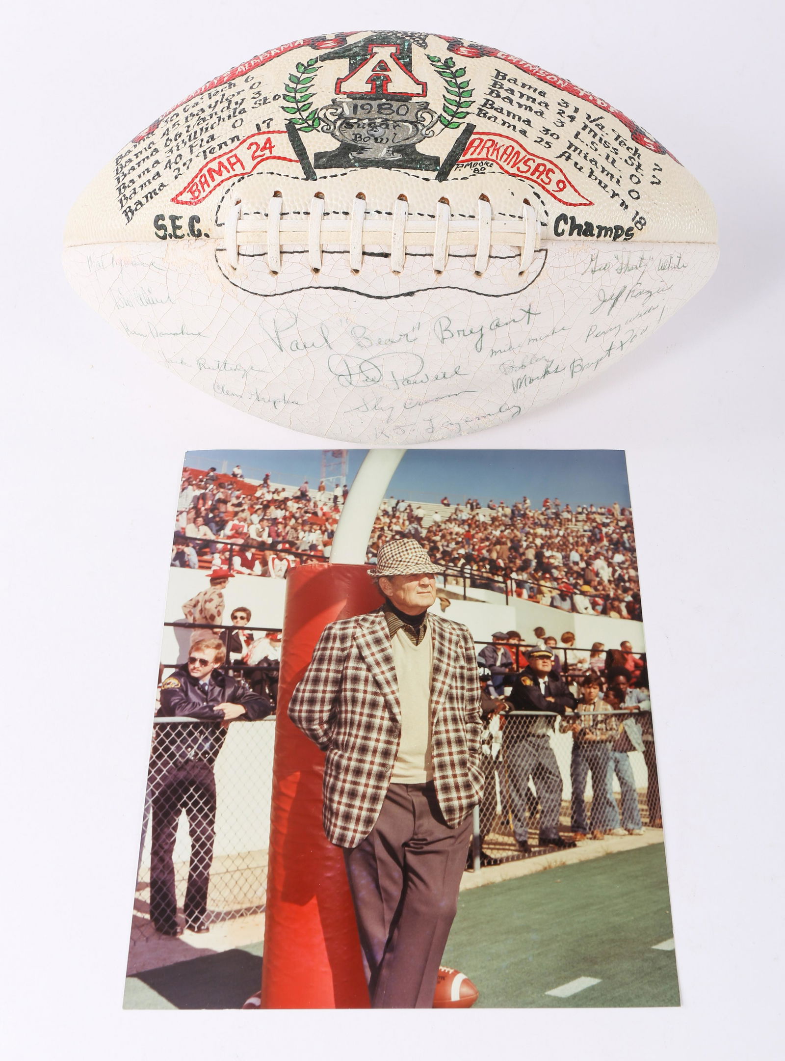 1980 SUGAR BOWL ALABAMA CRIMSON TIDE SIGNED FOOTBALL: 1980 SUGAR BOWL ALABAMA CRIMSON TIDE SIGNED FOOTBALL 1980 Sugar Bowl National Champion painted and Alabama Crimson Tide team-signed football. Includes signatures from the team, and coaching staff