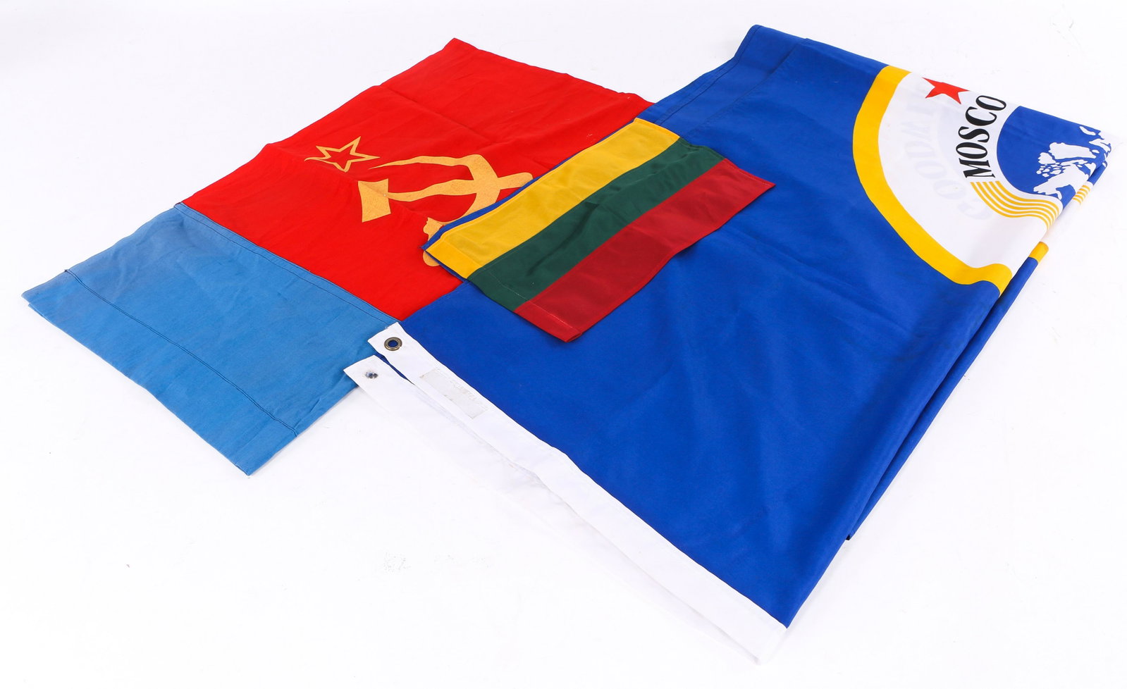1986 GOODWILL GAMES MOSCOW FLAGS - LOT OF 3: 1986 GOODWILL GAMES MOSCOW FLAGS - LOT OF 3 Lot of three flags, to include: 1986 Goodwill Games Moscow, 35.5 x 59.5" Soviet Union hammer and sickle flag, 31.5 x 27" Lithuanian flag, 13.5 x 8.5"