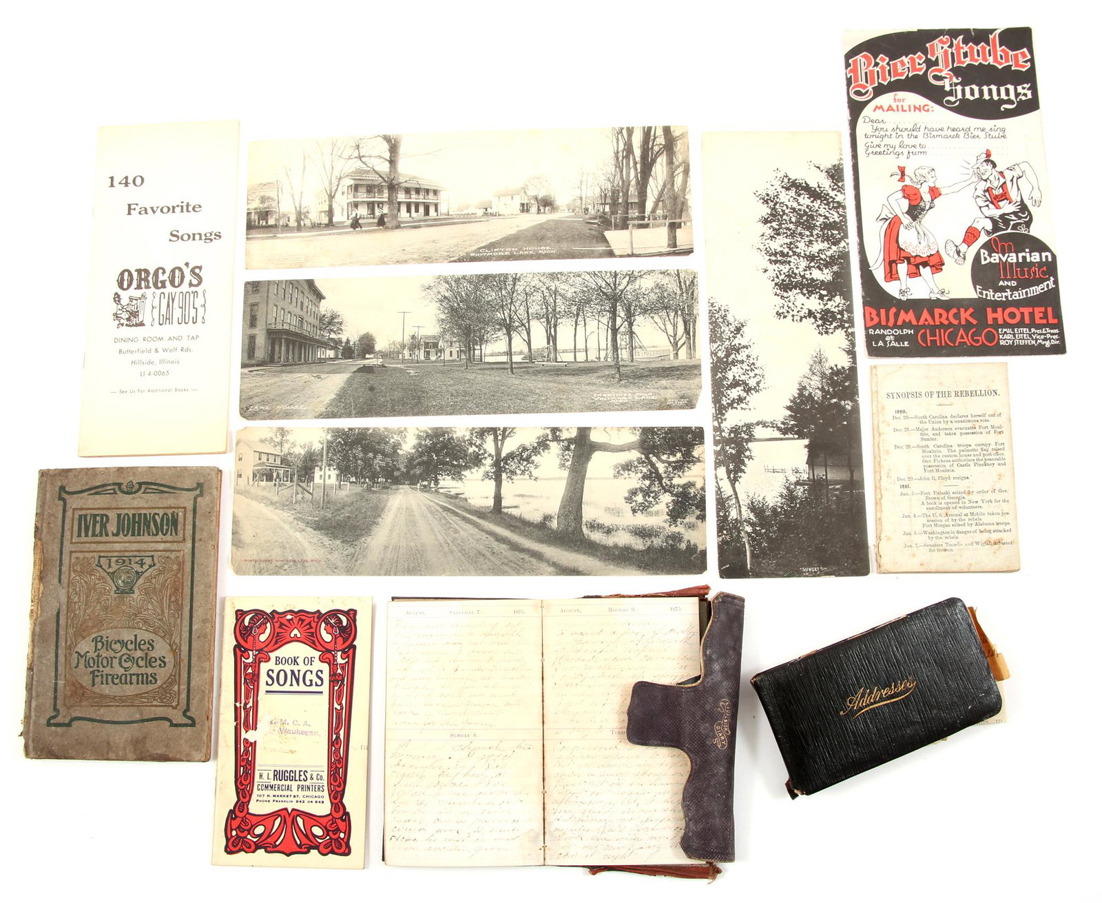 19TH & 20TH C. EPHEMERA, ADDRESS BOOK & SONG BOOKS: 19TH & 20TH C. EPHEMERA, ADDRESS BOOK & SONG BOOKS Lot of 19th and 20th century ephemera, including: Personal address book, almost entirely filled out. 19th century diary, dated 1875. "Synopsis of the