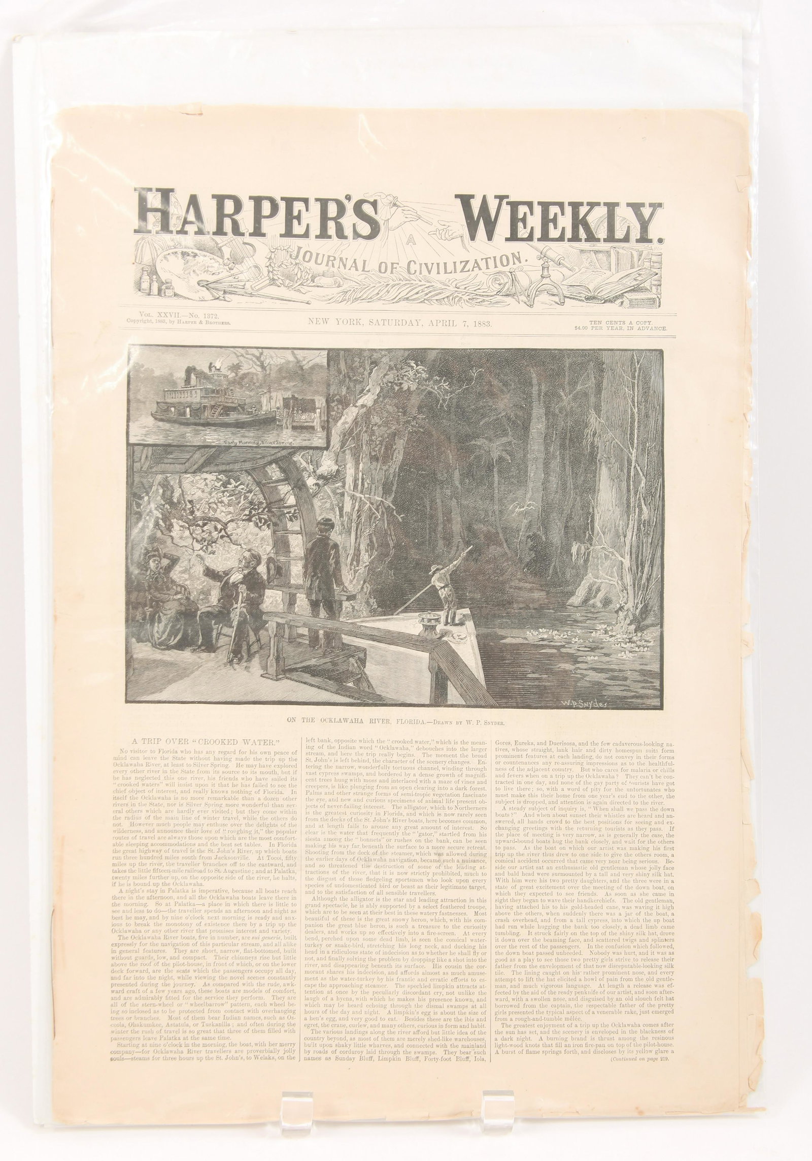 1883 HARPER'S WEEKLY OCKLAWAHA RIVER FLORIDA MAGAZINE: 1883 HARPER'S WEEKLY OCKLAWAHA RIVER FLORIDA MAGAZINE Complete 16 pages of the April 7, 1883 edition of Harper's Weekly illustrated article on a steamboat trip along the Ocklawaha River in Florida. Ot