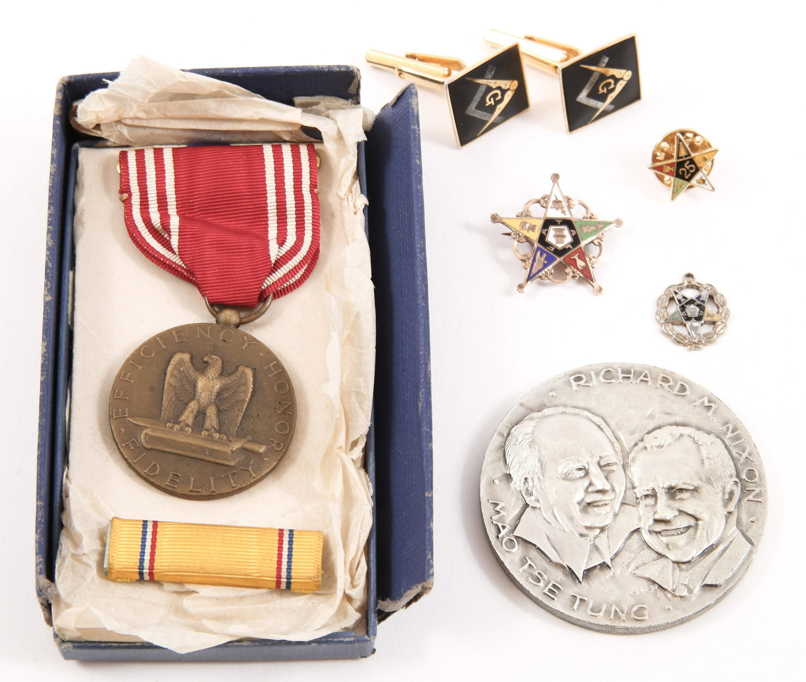 MEMORABILIA LOT - MASONIC, POLITICAL & GOOD CONDUCT: MEMORABILIA LOT - MASONIC, POLITICAL & GOOD CONDUCT Lot of memorabilia includes: US Military Good Conduct medal with yellow ribbon bar. Masonic cuff links. Two Masonic Eastern Star pins.