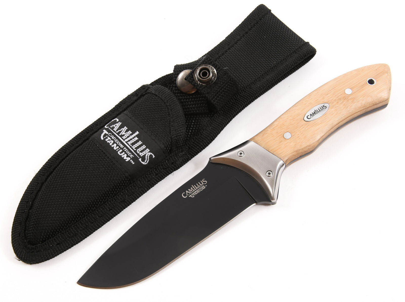 CAMILLUS 4.5" FIXED BLADE BAMBOO HANDLE KNIFE: CAMILLUS 4.5" FIXED BLADE BAMBOO HANDLE KNIFE Camillus Carbonitride Titanium fixed blade knife with sheath. Details include: 4.5" blade Bamboo handle AUS-B 9" overall length </