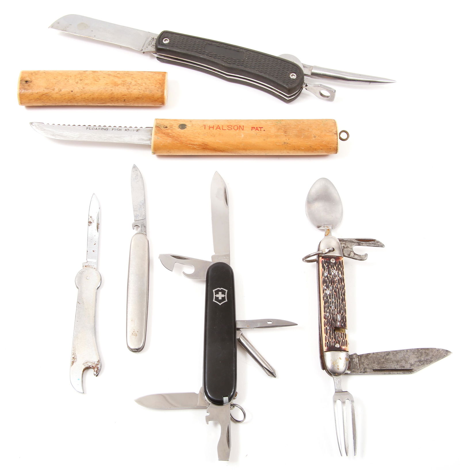 UTILITY FOLDING POCKET KNIVES - LOT OF 6: UTILITY FOLDING POCKET KNIVES - LOT OF 6 Lot of six utility knives, to include Swiss Army, Fury 10019, fork & spoon, 3.5" blade fish knife (made in Japan), and others. Size: Varied