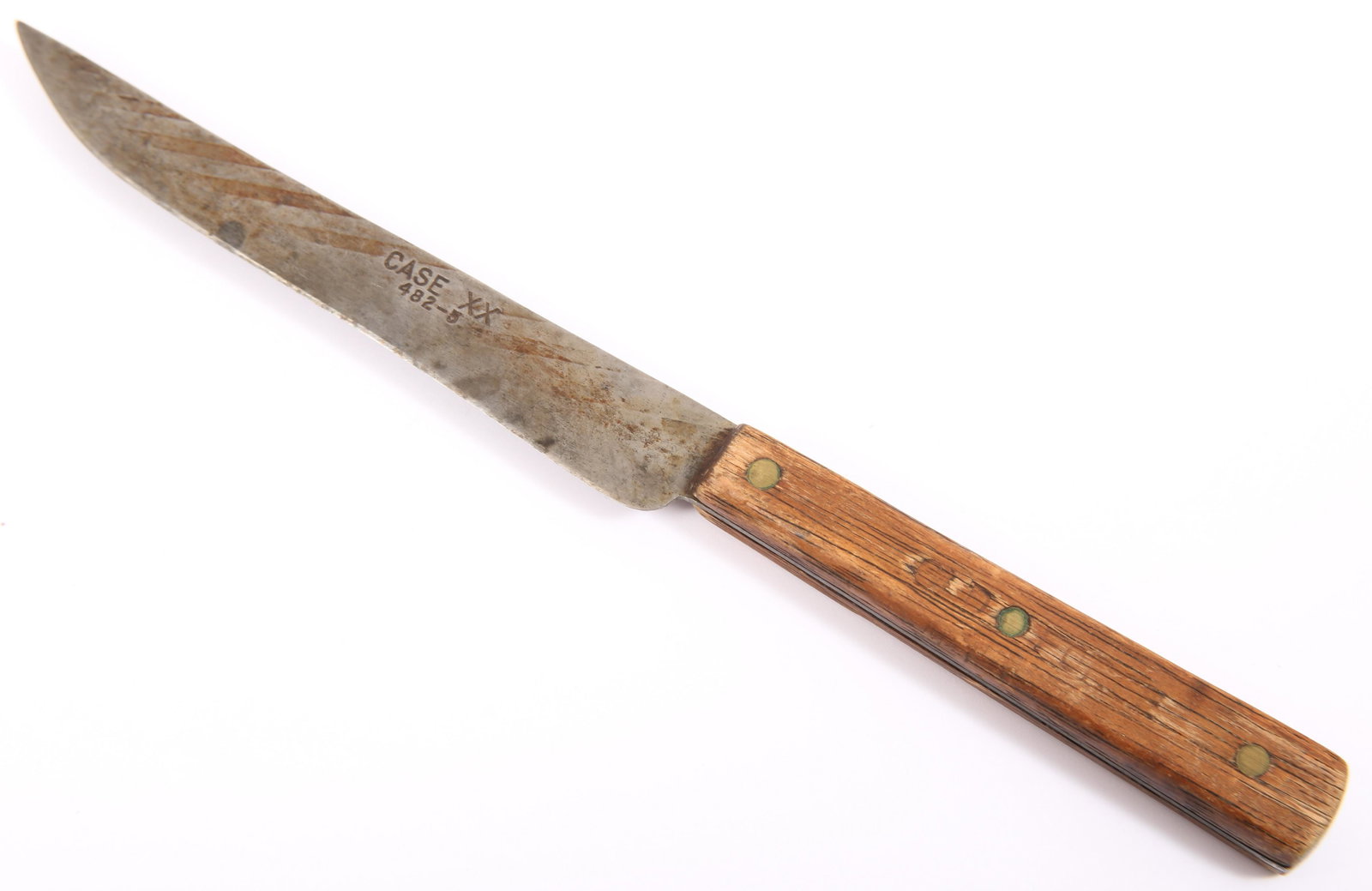 CASE XX 482-5 FIXED BLADE UTILITY PARING KNIFE: CASE XX 482-5 FIXED BLADE UTILITY PARING KNIFE Mid 20th century Case XX 482-5 fixed blade utility paring knife, three pin wood handle. Stamped on blade. Blade length: 5" Size: Overall length: 8.