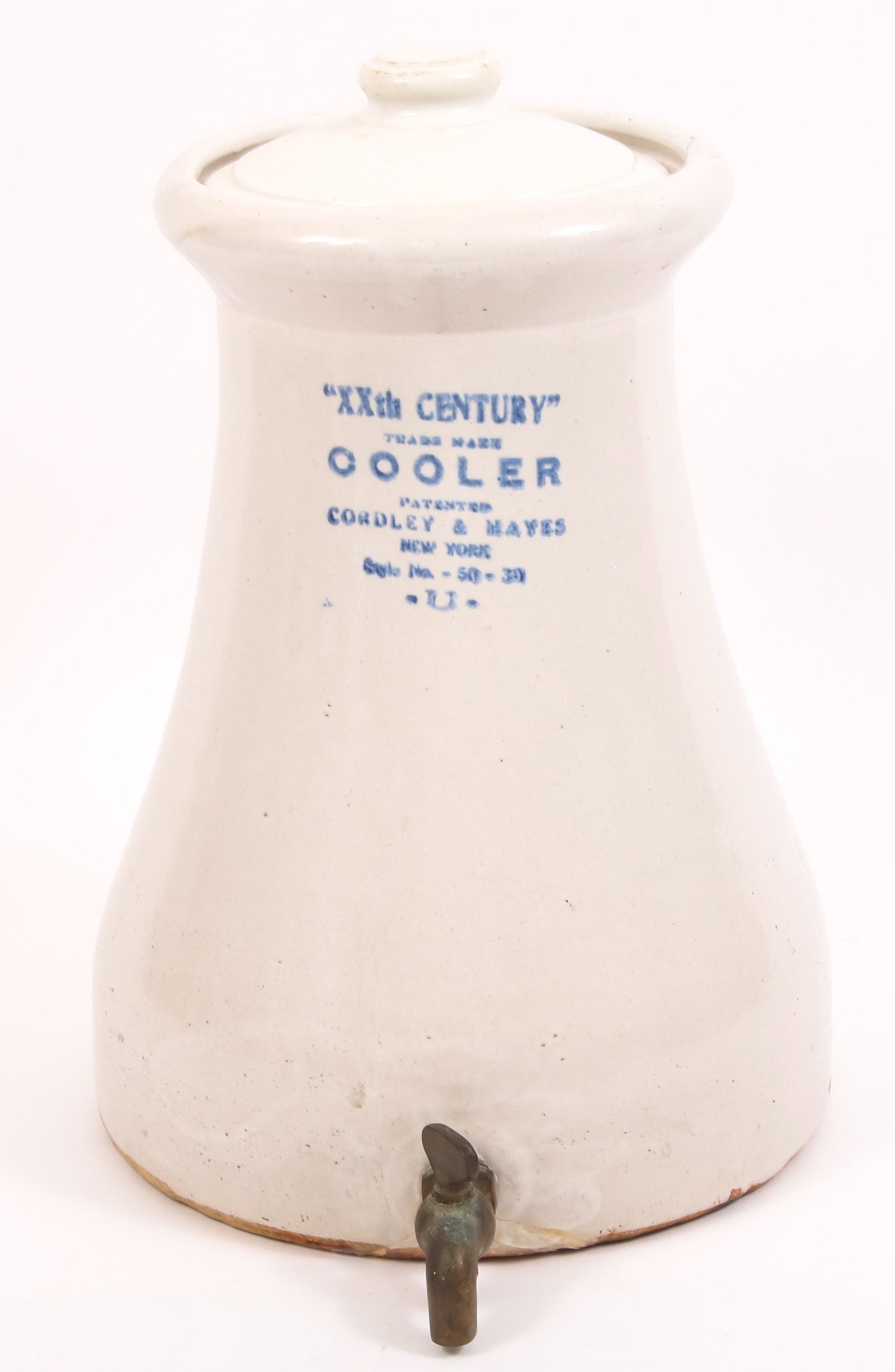 CORDLEY & HAYES STONEWARE "XXTH CENTURY" COOLER: CORDLEY & HAYES STONEWARE "XXTH CENTURY" COOLER Cordley & Hayes "XXth Century" stoneware water cooler with brass spout. Size: 12.5"