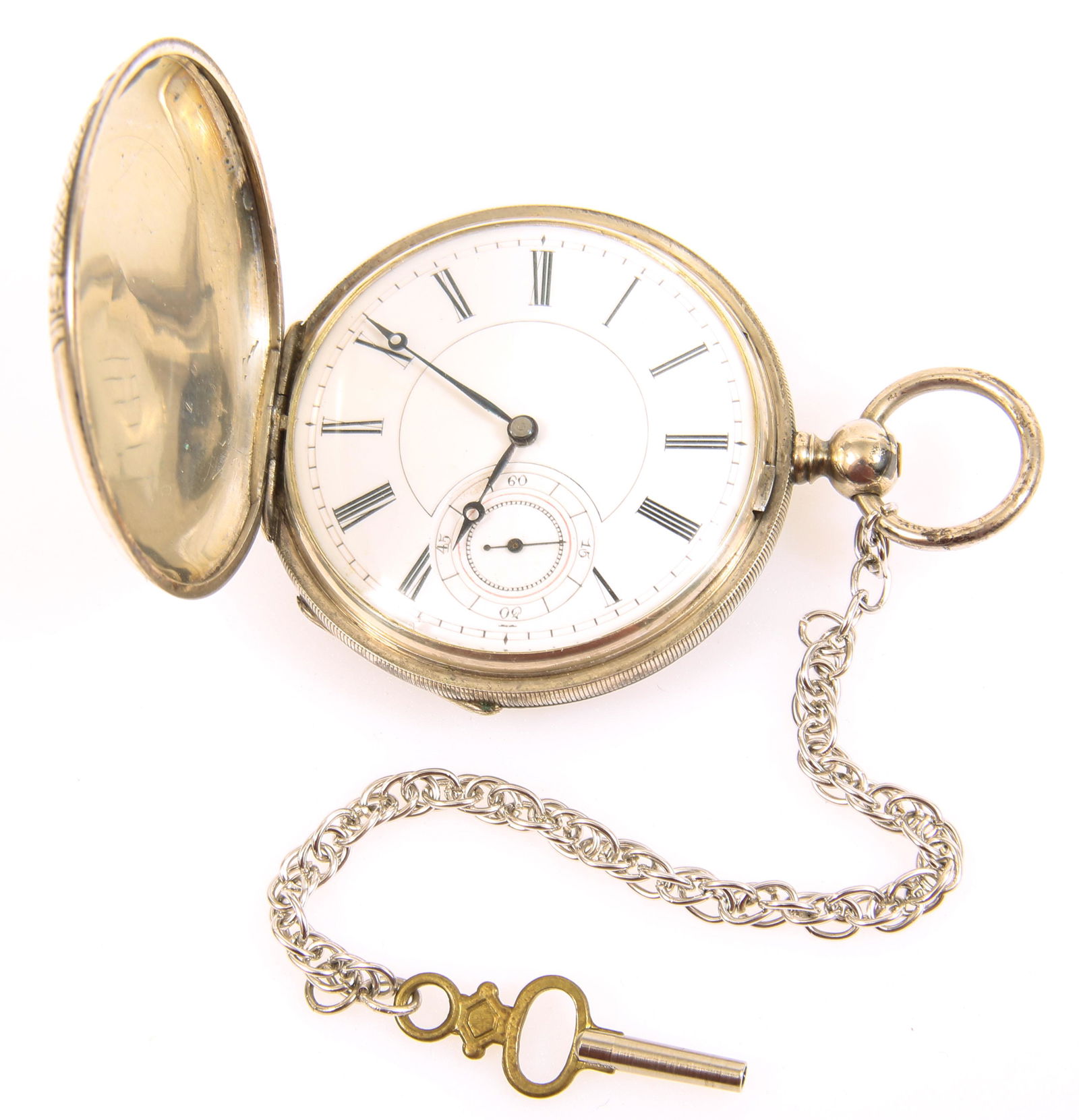 MID 20TH C. STERLING SILVER CASE POCKET WATCH: MID 20TH C. STERLING SILVER CASE POCKET WATCH Mid 20th century era sterling silver case pocket watch: Enamel face Roman numerals Case: 9010 15 jewels Winding key attached with silver plat