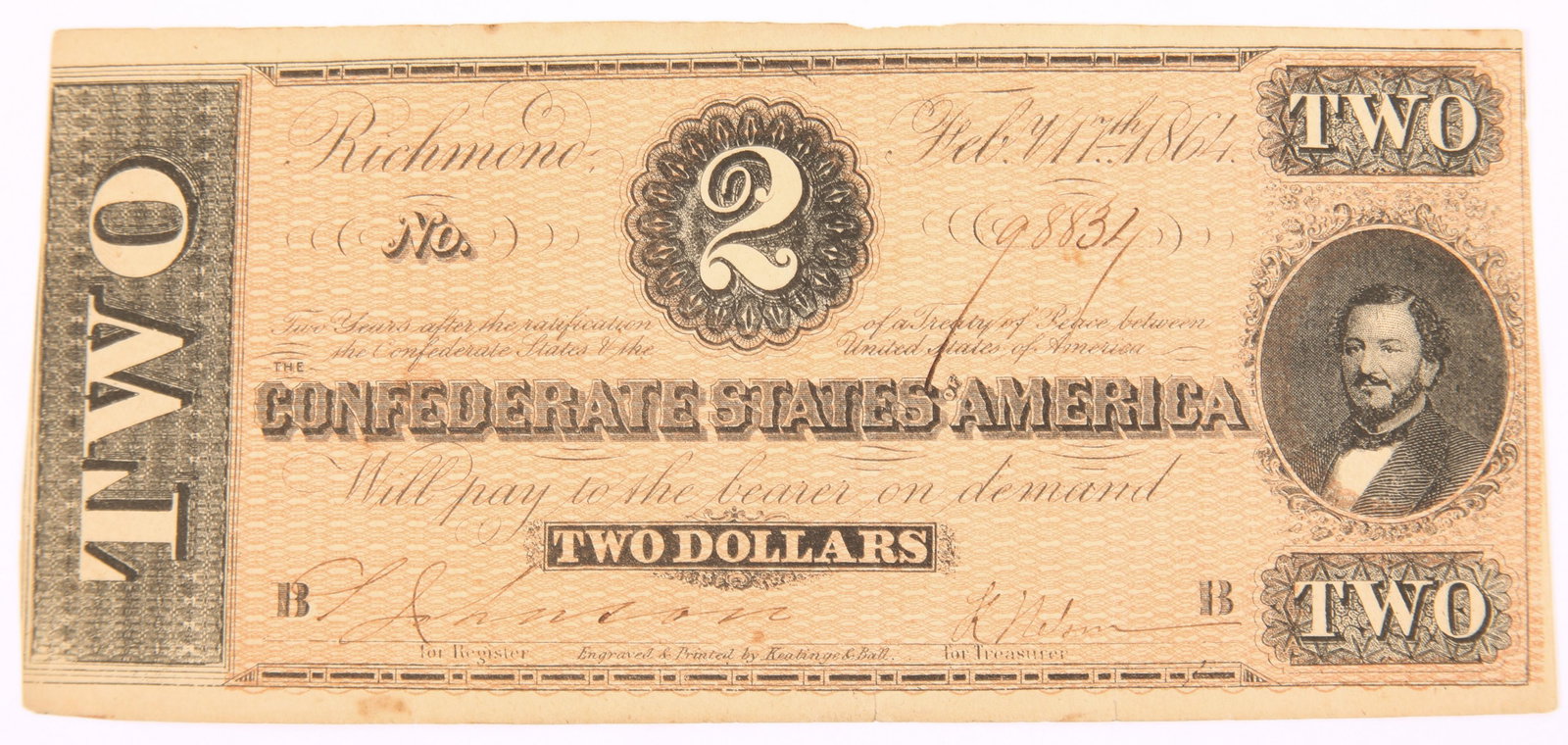 1864 TWO DOLLAR CONFEDERATE STATES OF AMERICA BANKNOTE: 1864 TWO DOLLAR CONFEDERATE STATES OF AMERICA BANKNOTE February 17, 1864 two dollar Confederate States of America banknote with a portrait of Judah P. Benjamin.