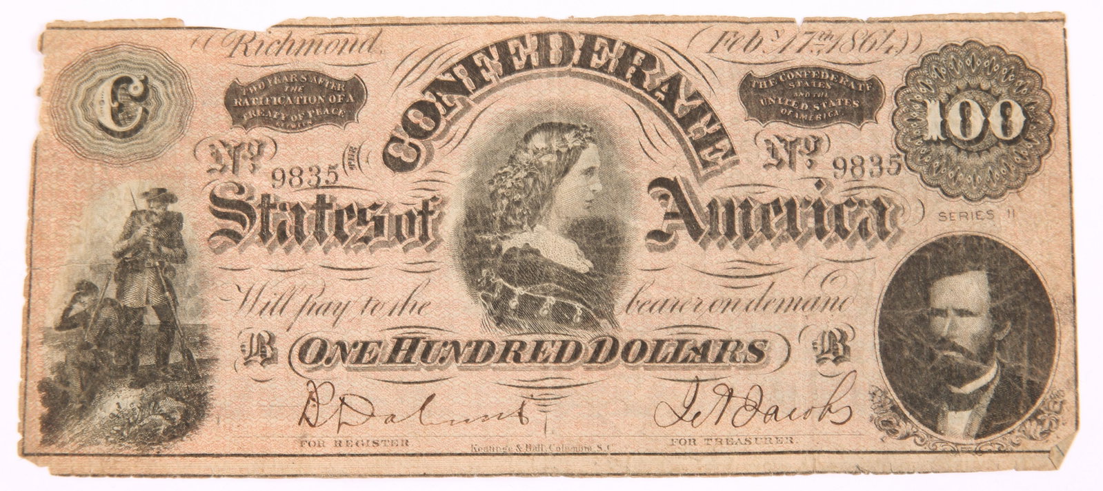 1864 100 DOLLAR CONFEDERATE STATES OF AMERICA BANKNOTE: 1864 100 DOLLAR CONFEDERATE STATES OF AMERICA BANKNOTE February 17, 1864 one hundred dollar Confederate States of America banknote with soldiers and portraits of Lucy Pickens and George W. Randolph.