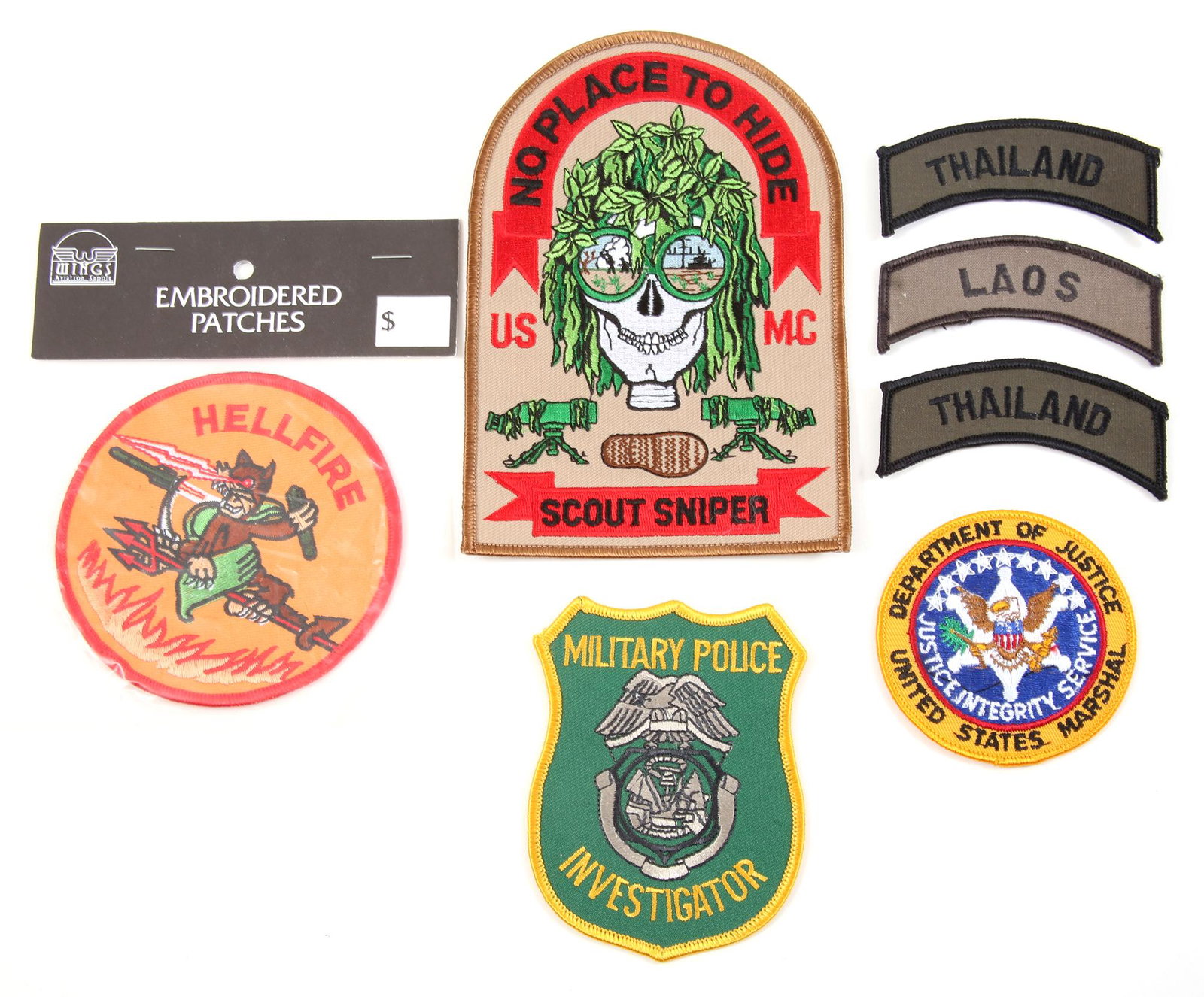 MIXED U.S. MILITARY PATCHES: MIXED U.S. MILITARY PATCHES Mixed U.S. military patches, including: Military Police Investigator. USMC "No Place to Hide" Scout Sniper. USMC Hellfire. Department of Justice United States Marshal. <