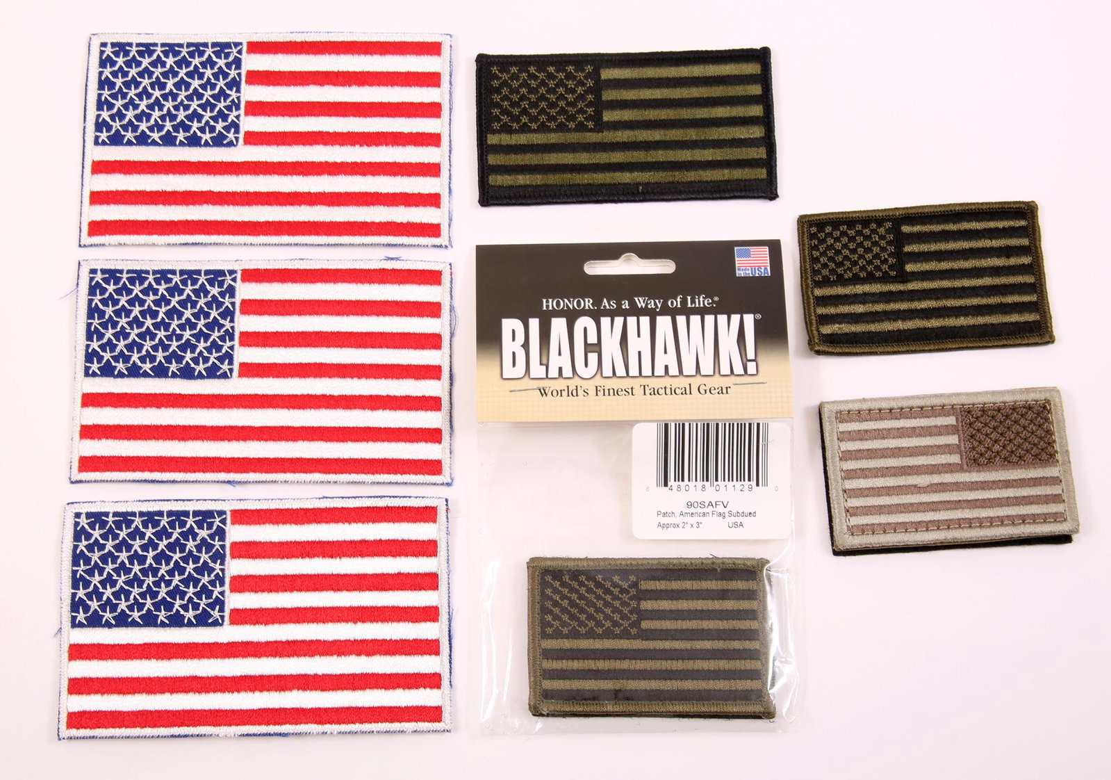 MIXED U.S. MILITARY AMERICAN FLAG PATCHES: MIXED U.S. MILITARY AMERICAN FLAG PATCHES Mixed U.S. Military American flag patches, including: Three subdued 2 x 3" uniform flags (2 left shoulder, 1 right shoulder). 2.25 x 5" subdued. Three 3 x 5" 