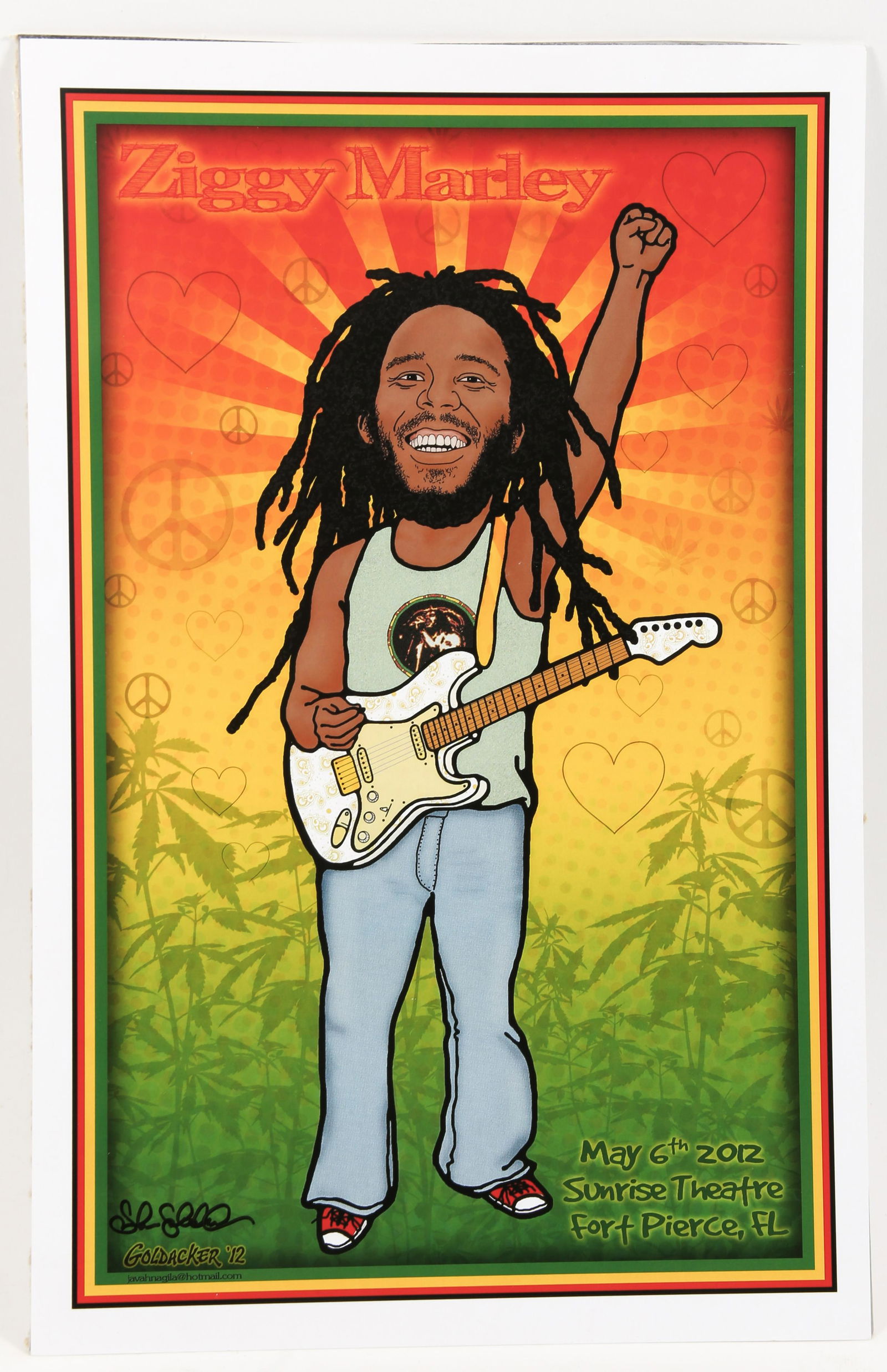 2012 JOHN GOLDACKER ZIGGY MARLEY GICLEE PRINT - SIGNED: 2012 JOHN GOLDACKER ZIGGY MARLEY GICLEE PRINT - SIGNED 2012 giclée digital art print of Ziggly Marley by Florida artist John Goldacker (American, Contemporary). The print features Marley w