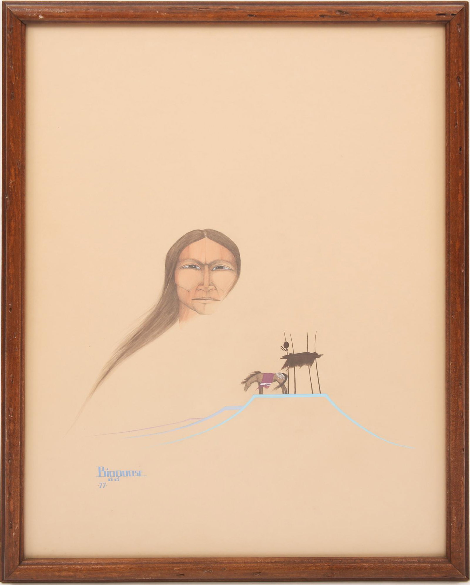 MARS BIGGOOSE NATIVE AMERICAN & HORSE GOUACHE ON PAPER: MARS BIGGOOSE NATIVE AMERICAN & HORSE GOUACHE ON PAPER Mars Biggoose (American, 1952 - 2000) Framed gouache on paper of a Native American and a horse by Mars Biggoose. Signed and dated by the artist i