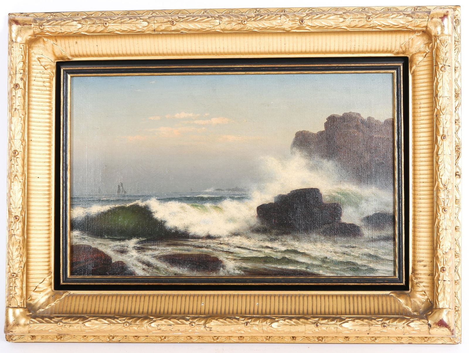19TH C. WILLIAM F. DE HAAS SEASCAPE OIL/CANVAS - SIGNED: 19TH C. WILLIAM F. DE HAAS SEASCAPE OIL/CANVAS - SIGNED Late 19th century William Frederick De Haas (Dutch/American, 1830-1880) oil on canvas painting of waves breaking and large rocks. A small sailbo