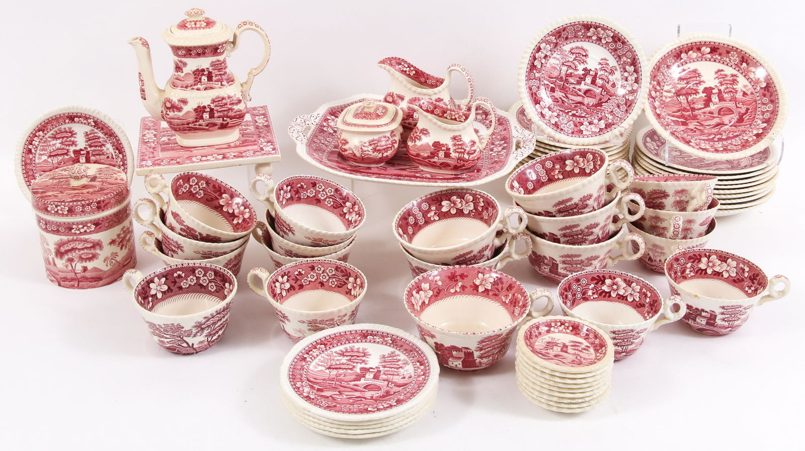 COPELAND SPODE'S TOWER RED TEA/COFFEE SET - 65 PIECES: COPELAND SPODE'S TOWER RED TEA/COFFEE SET - 65 PIECES Copeland England Spode's Tower china tea and coffee set in red, 65 pieces, including: 6 coffee cups with 10 saucers. 13 tea cups with 14 saucers.