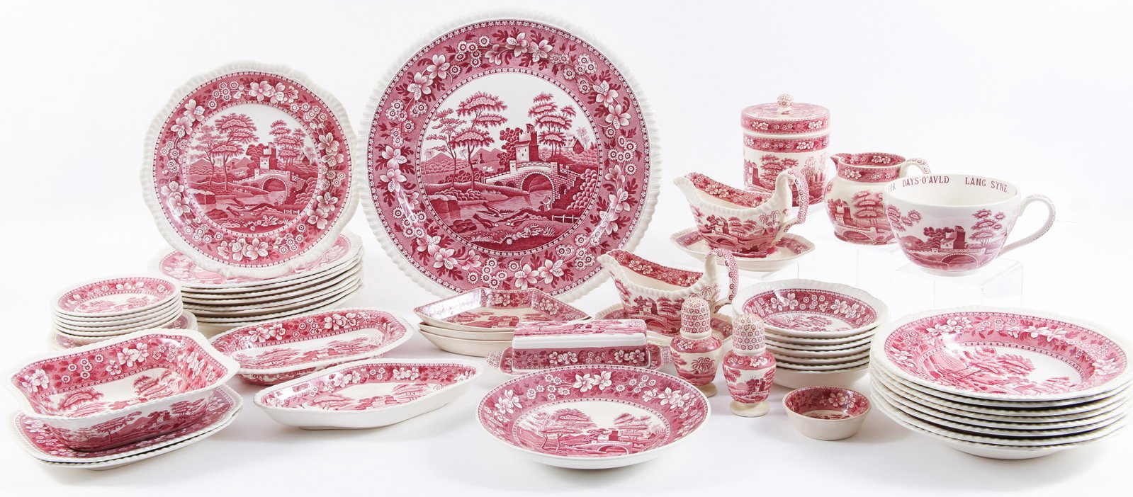 COPELAND SPODE'S TOWER RED DINNERWARE - 57 PIECES: COPELAND SPODE'S TOWER RED DINNERWARE - 57 PIECES Copeland England Spode's Tower dinnerware in red, 57 pieces, including: 9 dinner plates, 10.75" diameter. 2 square salad plates, 8.5 x 8.5". 8