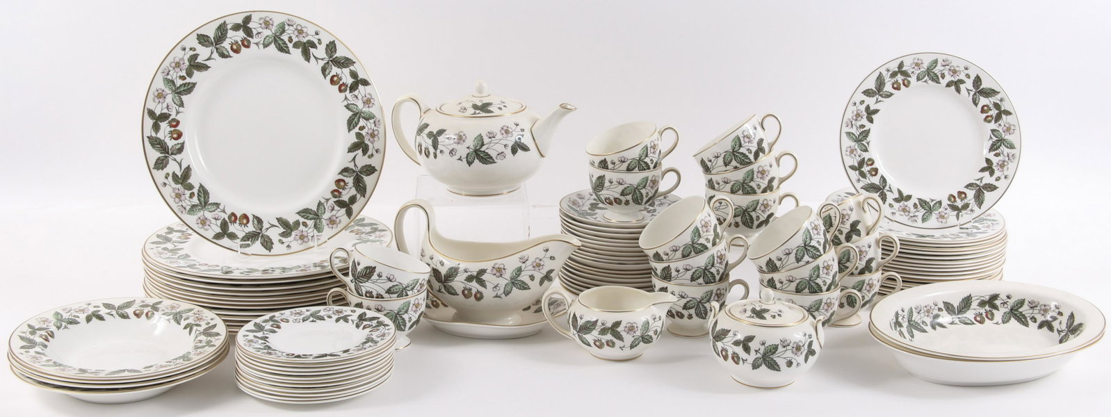 WEDGWOOD STRAWBERRY HILL DINNER SERVICE - LOT OF 86: WEDGWOOD STRAWBERRY HILL DINNER SERVICE - LOT OF 86 Wedgwood "Strawberry Hill" dinner service set of 86 pieces. Bone china. Made in England. Each item marked on the bottom with Wedgwood logo and desig