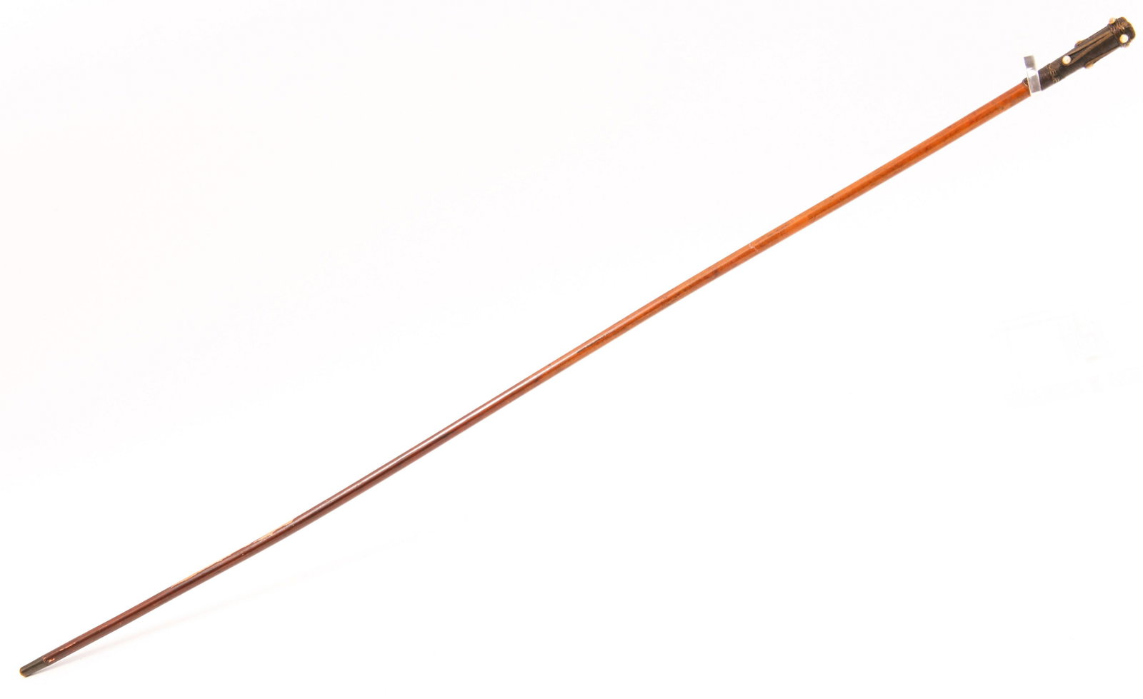 LATE 19TH C. KNOB HANDLE DRESS CANE: LATE 19TH C. KNOB HANDLE DRESS CANE Late 19th century dress cane with: Wicker and gilt thread wrapped handle with bone accents. Knob handle. Brass ferrule. 34" from top of handle to bottom of ferru