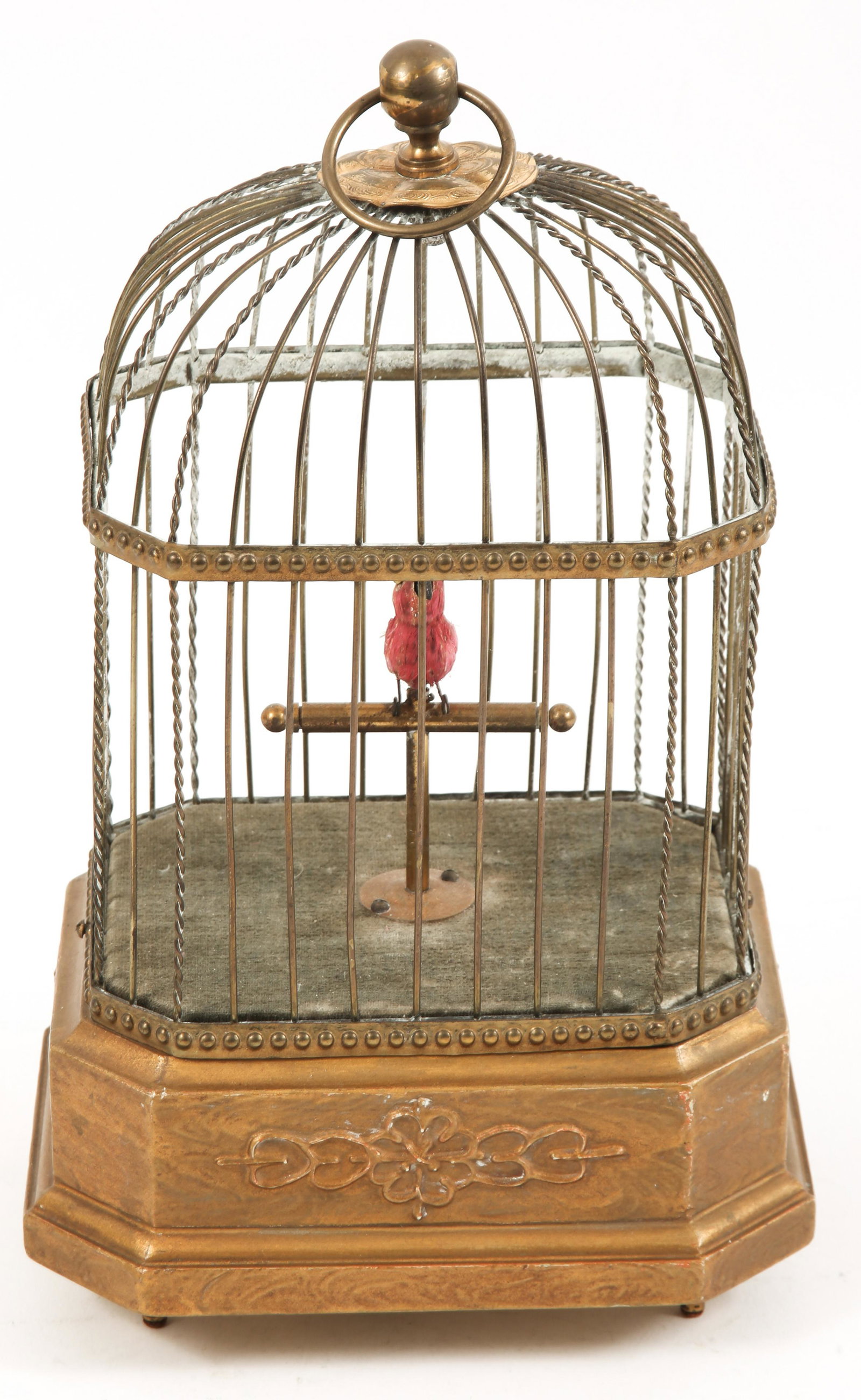 KARL GRIESBAUM KEN-D AUTOMATON SINGING BIRD IN CAGE: KARL GRIESBAUM KEN-D AUTOMATON SINGING BIRD IN CAGE German Karl Griesbaum Ken-D automaton singing red bird in a cage. Size approximately 6.5 x 5.25 x 11.5". The Karl Griesbaum and Ken-D marks are on t