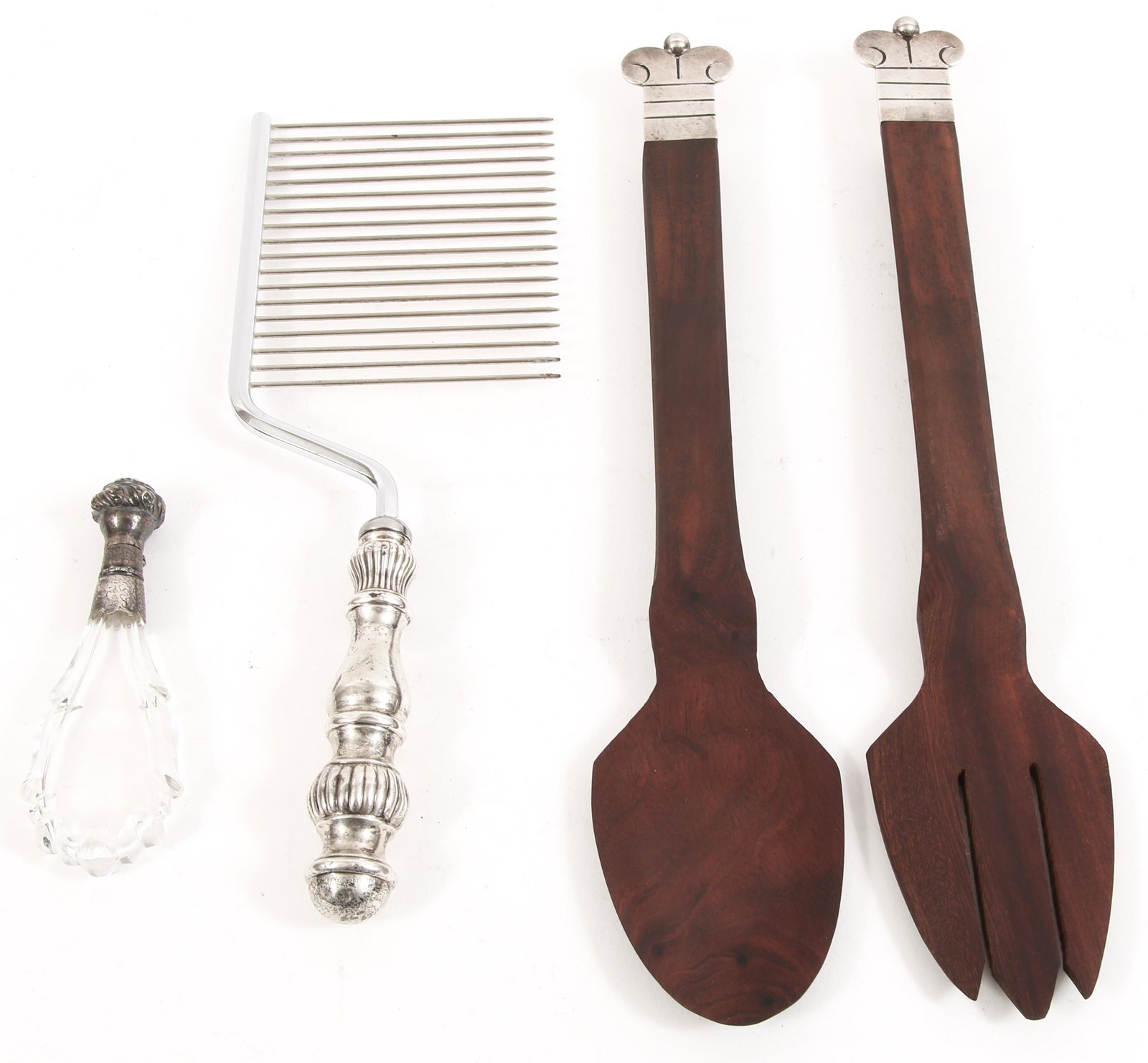 STERLING SILVER CAKE BREAKER, SALAD SERVERS & VIAL: STERLING SILVER CAKE BREAKER, SALAD SERVERS & VIAL Lot of three sterling silver items, including: Schneider Toledo cake breaker, marked, length: 11". Wooden salad server fork and spoon with sterling s