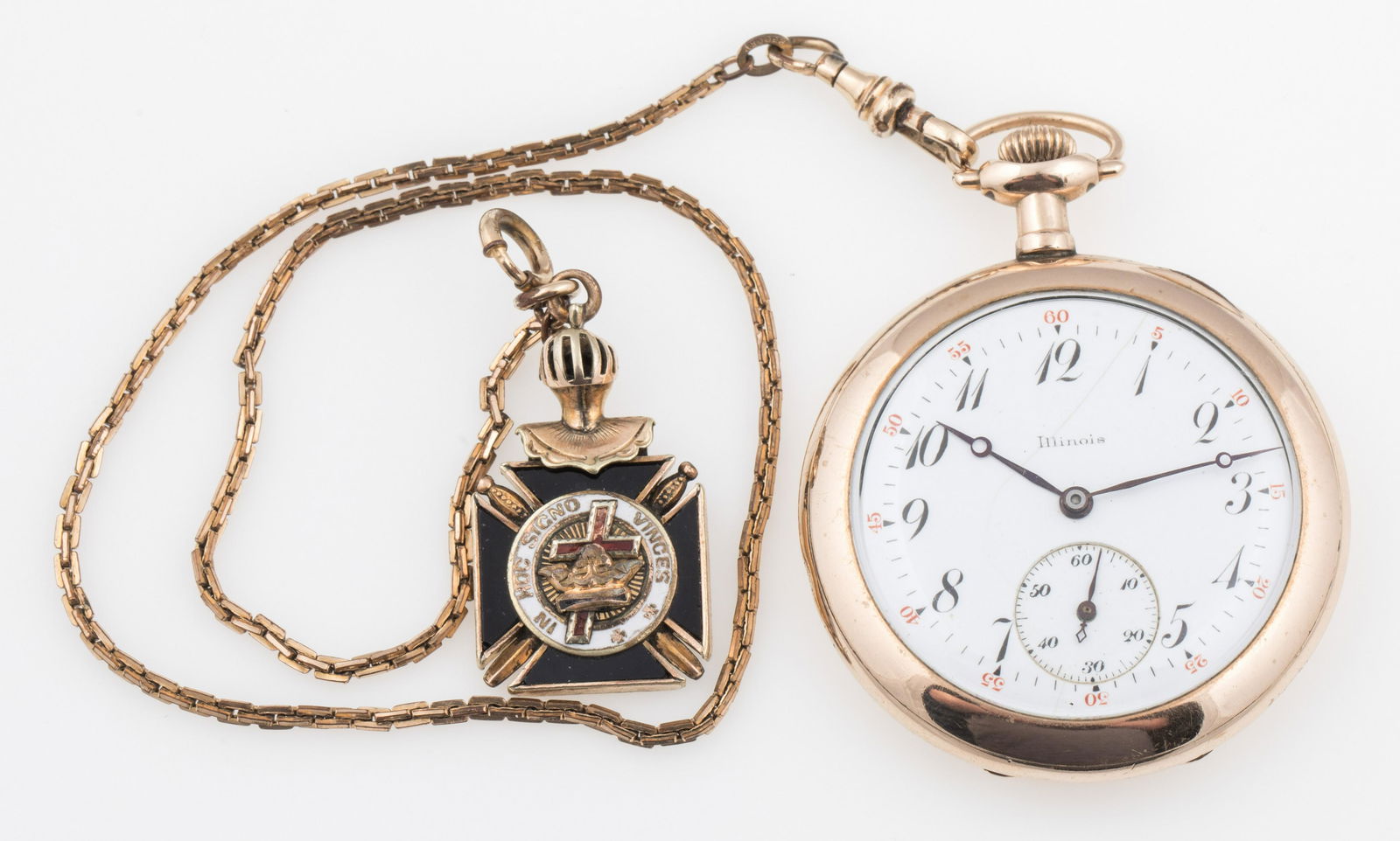 FAHYS BRISTOL ILLINOIS POCKET WATCH WITH MASONIC CASE: FAHYS BRISTOL ILLINOIS POCKET WATCH WITH MASONIC CASE Early 20th century gold filled pocket watch with: Fahys Bristol case, #8427264, with Masonic emblem on the back. Illinois movement, #2590610. <