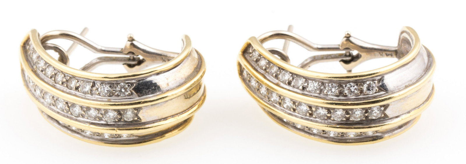 18K WHITE & YELLOW GOLD DIAMOND OMEGA BACK EARRINGS: 18K WHITE & YELLOW GOLD DIAMOND OMEGA BACK EARRINGS 18K white and yellow gold diamond earrings with: 28 round diamonds in each earring, approximately 1.4 ctw. Omega backs with posts. Weight: 16.8g