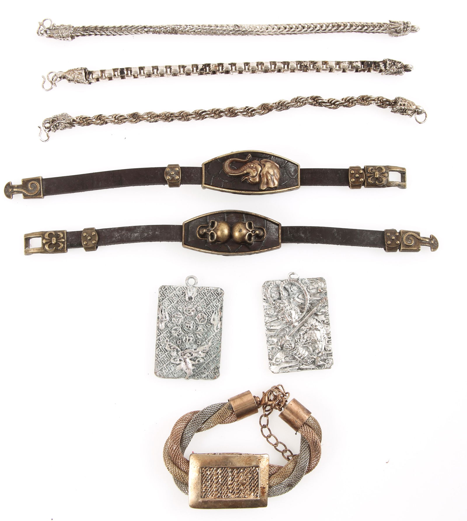 COSTUME JEWELRY BRACELETS, PENDANTS - LOT OF 10: COSTUME JEWELRY BRACELETS, PENDANTS - LOT OF 10 Lot of ten costume jewelry bracelets and pendants, includes: Three dragon head bail silver plated chain bracelets, 8.5". Three gold tone twisted woven