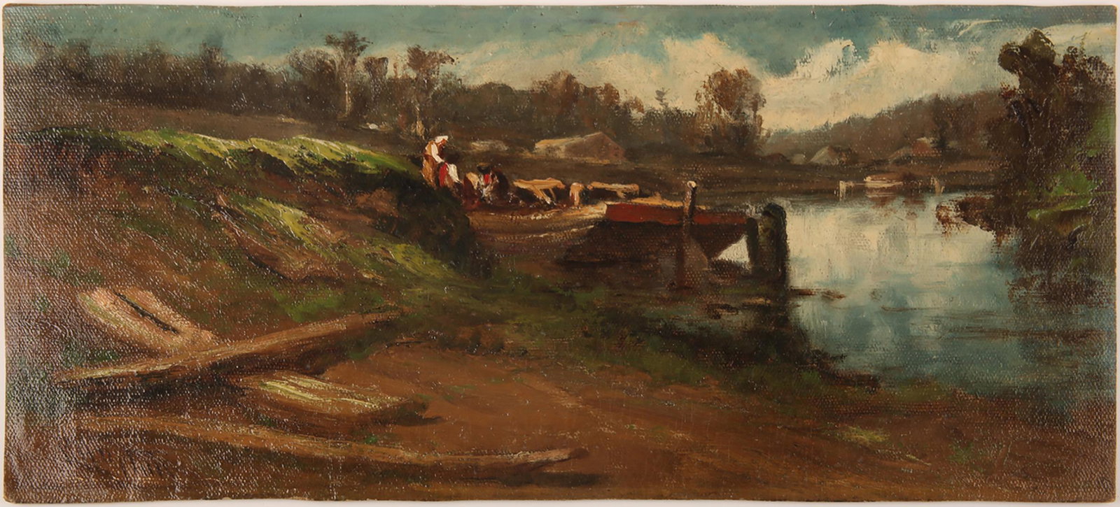 ROBERT HOPKIN 19TH C. PASTORAL SCENE OIL ON BOARD: ROBERT HOPKIN 19TH C. PASTORAL SCENE OIL ON BOARD Robert Hopkin (Scottish/American, 1832-1909) oil on canvas-lined board of a pastoral scene by a pond. Signed in the lower left corner. Hopkin immigrat