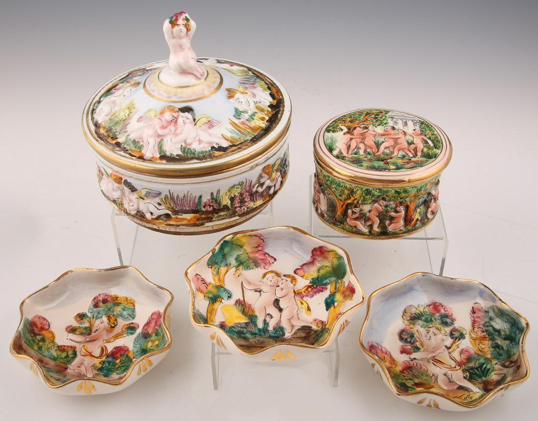 CAPODIMONTE PORCELAIN CHERUB DESIGN PIECES - LOT OF 5: CAPODIMONTE PORCELAIN CHERUB DESIGN PIECES - LOT OF 5 Lot of five Capodimonte porcelain pieces, all with cherub design elements, includes: Lidded candy dish, 7 x 5.75" Lidded trinket box, 4 x 3.5 x 2