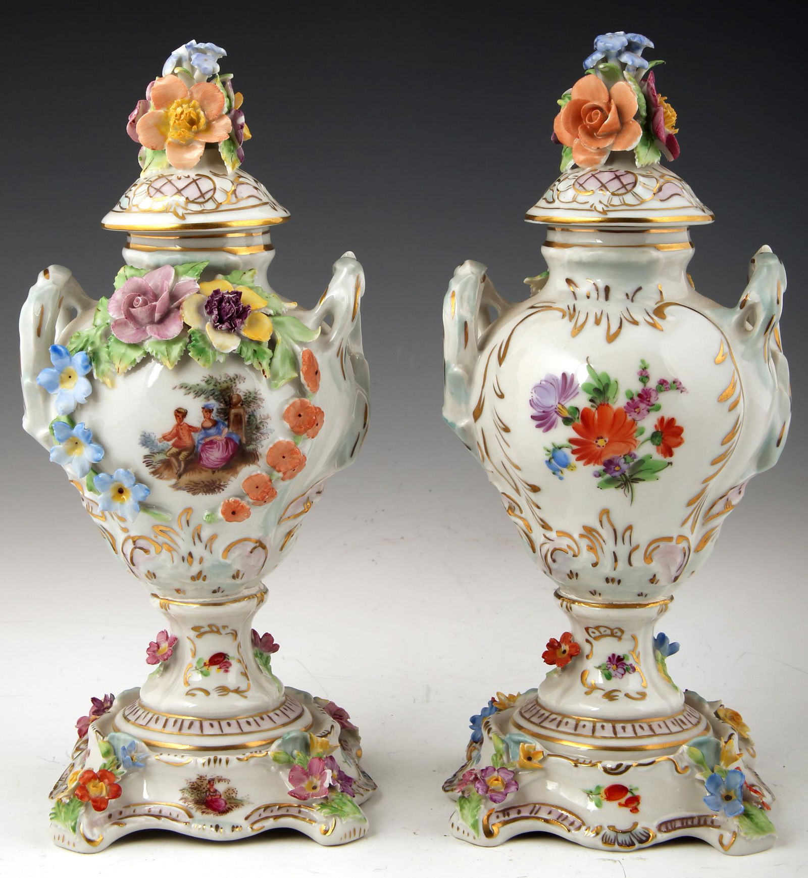 CARL THIEME DRESDEN PORCELAIN MINIATURE URNS - SET OF 2: CARL THIEME DRESDEN PORCELAIN MINIATURE URNS - SET OF 2 Pair of matching Dresden urns with lids by Carl Thieme porcelain. Both marked on bottom with "SP Dresden" blue mark. Sizes: 4 x 4 x 9". Size: 4