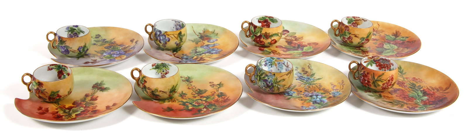 JAPANESE PORCELAIN FLORAL PLATES & TEA CUPS - LOT OF 16: JAPANESE PORCELAIN FLORAL PLATES & TEA CUPS - LOT OF 16 Lot of 16 matching Japanese porcelain hand painted plates and tea cups with floral and berry design. Marked "M" with a crown symbol on the botto