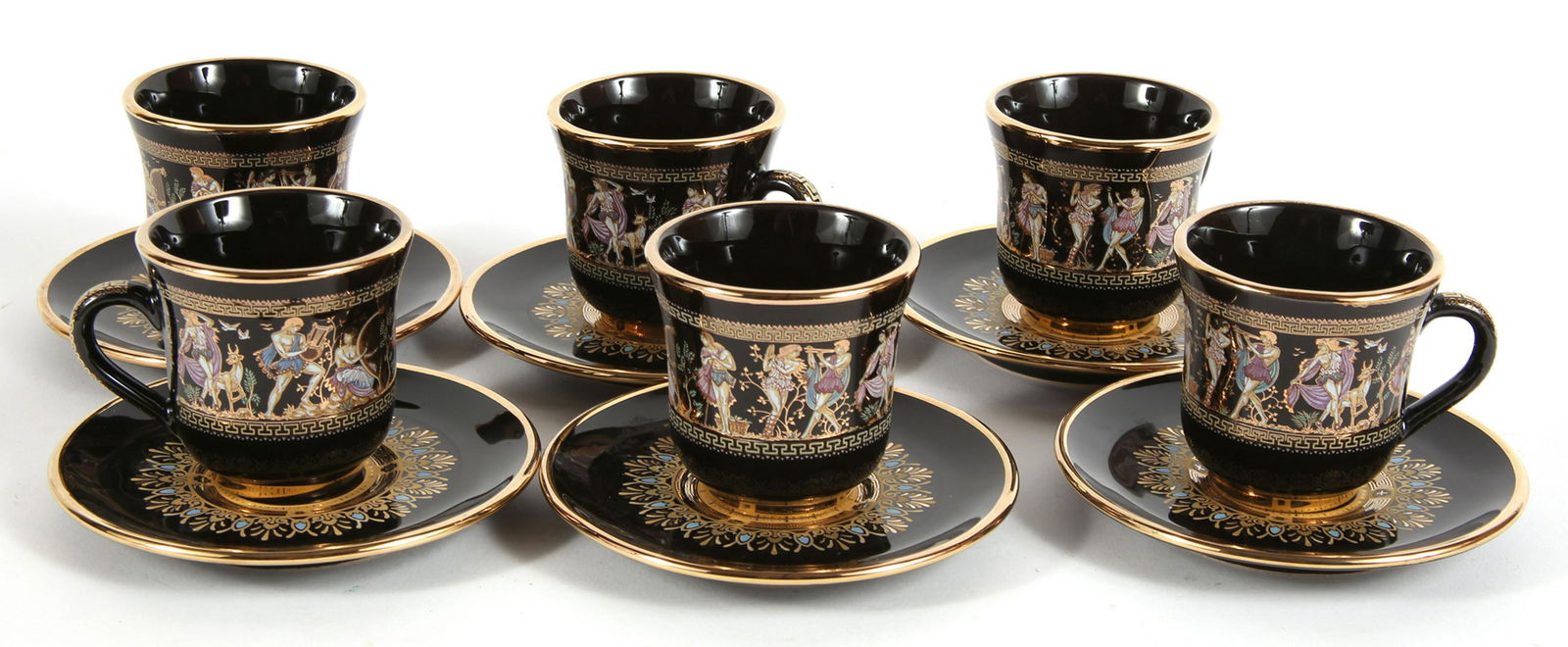 24k Gold Gilded Handmade Greek Cups, Saucers Set Of 6