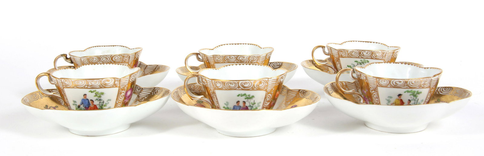 HAND PAINTED QUATREFOIL TEA CUPS & SAUCERS - SET OF 6: HAND PAINTED QUATREFOIL TEA CUPS & SAUCERS - SET OF 6 Set of 6 matching quatrefoil cups and saucers with hand painted courtship and floral pattern. Marked with blue "X" shaped design on bottom. Sauce