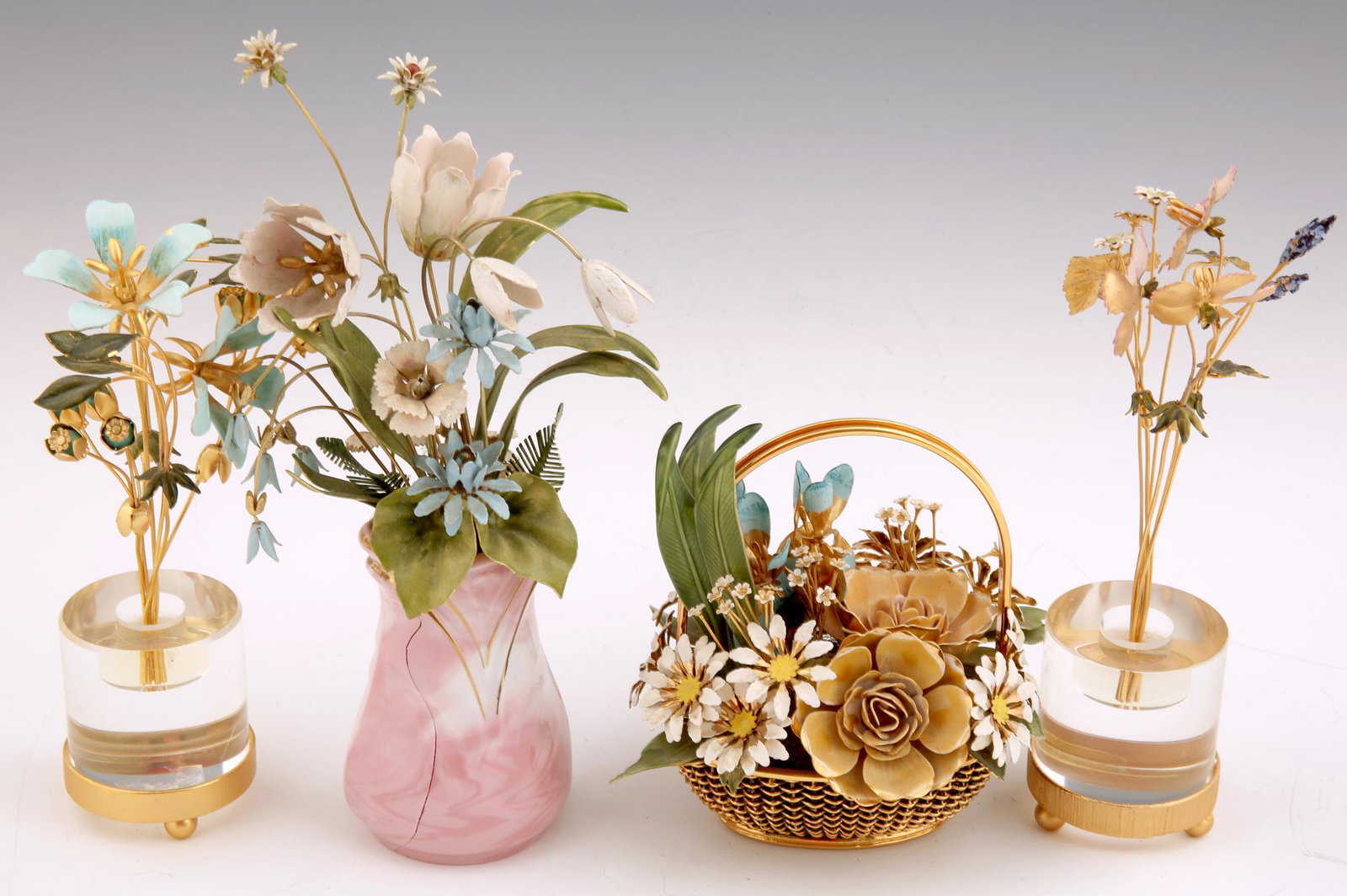 ENAMEL BOUQUET DESK ORNAMENTS - LOT OF 4: ENAMEL BOUQUET DESK ORNAMENTS - LOT OF 4 Lot of 4 enameled desktop bouquet ornaments. Includes: "The Imperial Palace Bouquet" by Igor Carl Fabergé. Height: 9.5". "Flowers of the Season Summer