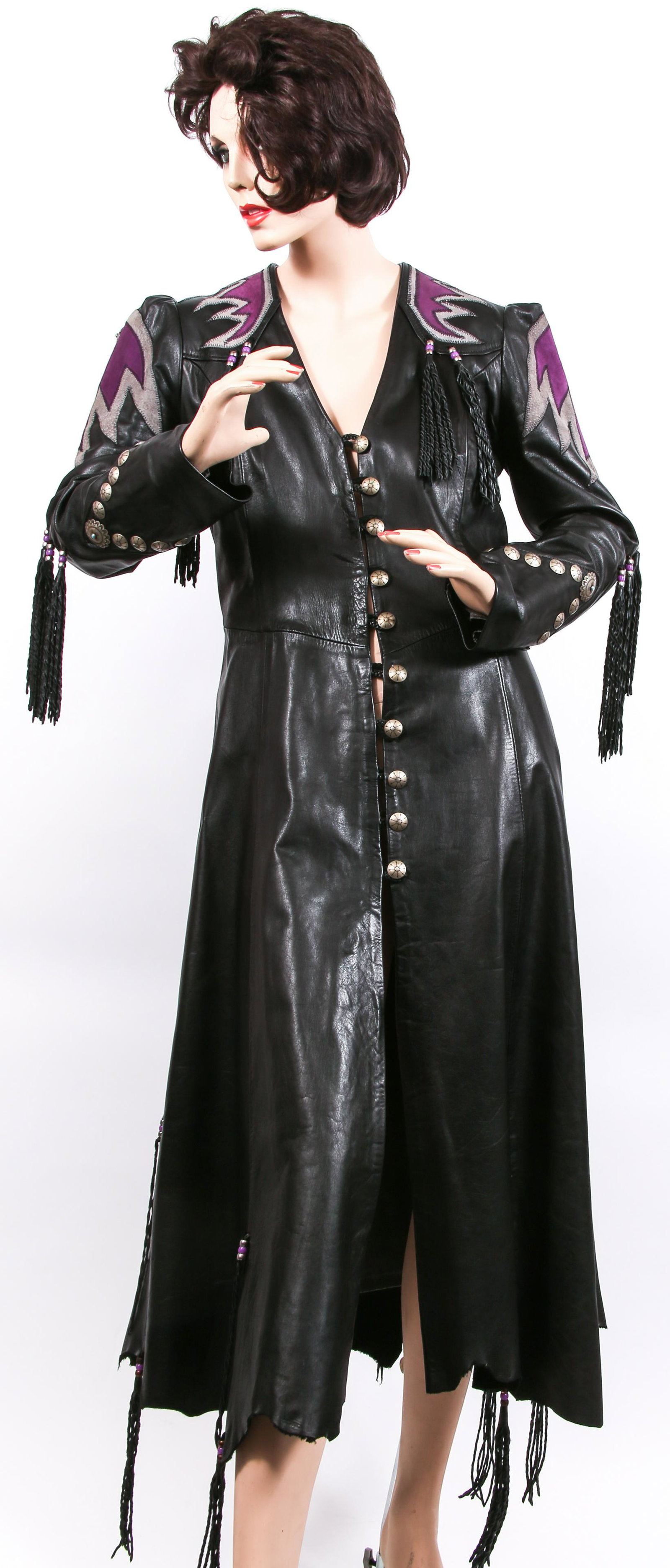 WOMEN'S BURRAY OLSON FRINGED LEATHER TRENCH COAT: WOMEN'S BURRAY OLSON FRINGED LEATHER TRENCH COAT Burray Olson women's fringed leather southwestern style trench coat with suede, turquoise and bead accents. Measurements: 16" shoulder to shoulder.