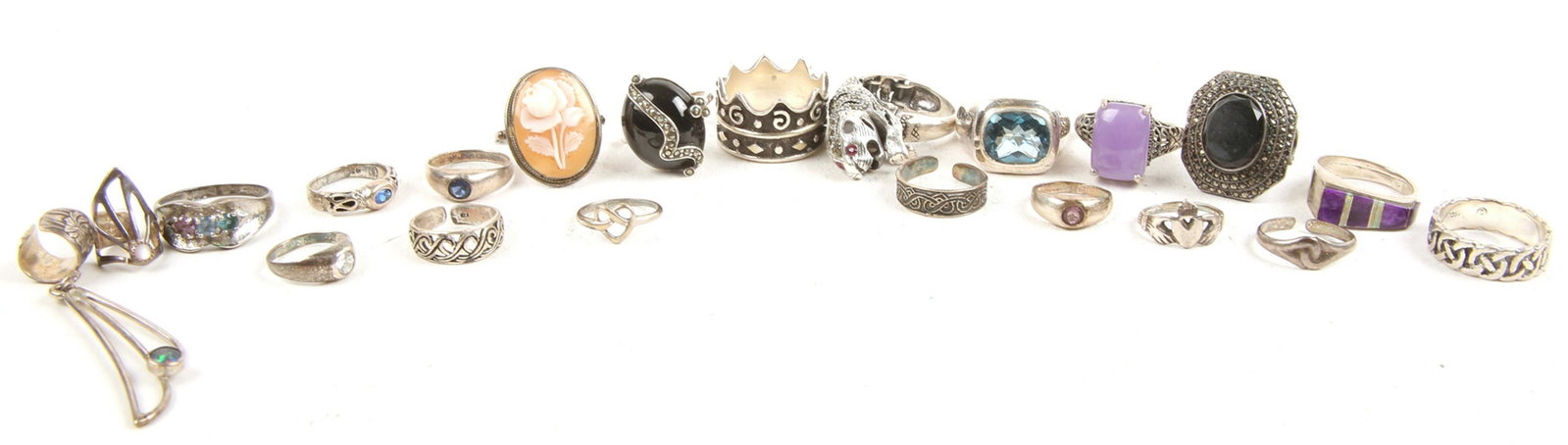 STERLING SILVER RINGS & EAR CUFFS - LOT OF 21: STERLING SILVER RINGS & EAR CUFFS - LOT OF 21 Twenty-one pieces of sterling silver jewelry, includes 19 rings with marcasite, cameo, semi-precious and glass stones. Also includes two ear cuffs with op