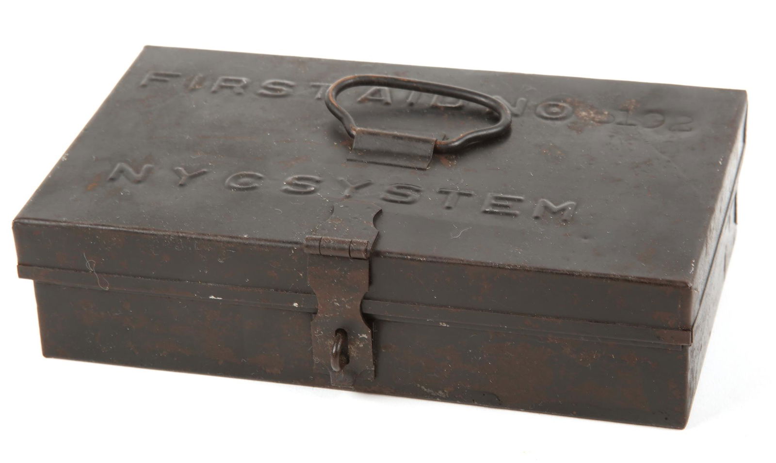 NEW YORK CENTRAL RAILROAD SYSTEM FIRST AID METAL BOX: NEW YORK CENTRAL RAILROAD SYSTEM FIRST AID METAL BOX 20th century painted black metal box marked "First Aid No. 5192 NYC System". With latch and handle on lid. Size: 8 x 5 x 2"