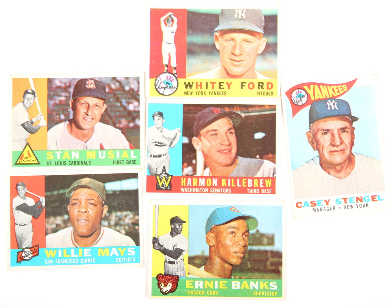 1960 TOPPS BASEBALL CARDS - MAYS FORD BANKS KILLEBREW: 1960 TOPPS BASEBALL CARDS - MAYS FORD BANKS KILLEBREW Topps baseball trading cards from 1960, to include: • Stan Musial 250 • Willie Mays 200 • Casey Stengal 227 • Harmon Killebrew