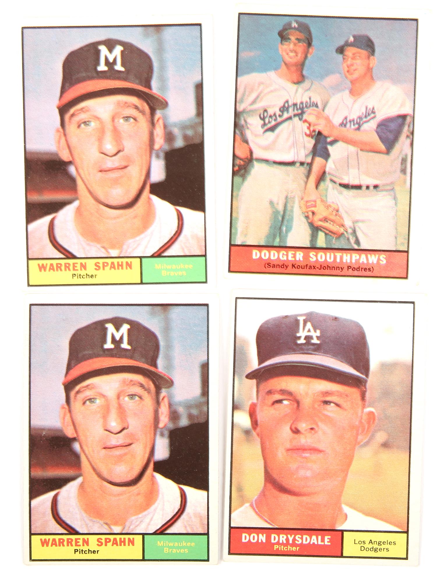 1961 TOPPS BASEBALL CARDS - SPAHN DRYSDALE KOUFAX: 1961 TOPPS BASEBALL CARDS - SPAHN DRYSDALE KOUFAX Topps baseball trading cards from 1961, to include: Don Drysdale 260, Dodgers Southpaws Koufax and Podres 207, and Warren Spahn 200 (2).