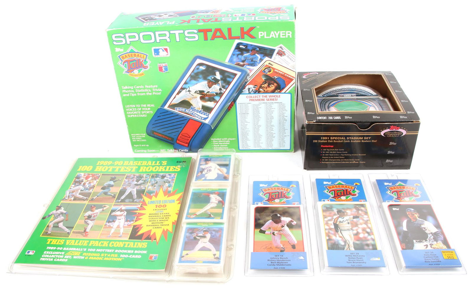 LATE 1980'S EARLY 1990'S BASEBALL CARD AND TOY LOT OF 6: LATE 1980'S EARLY 1990'S BASEBALL CARD AND TOY LOT OF 6 Lot of 6 new old stock baseball card sets and card voice reader from the late 1980's and early 1990's. Includes: