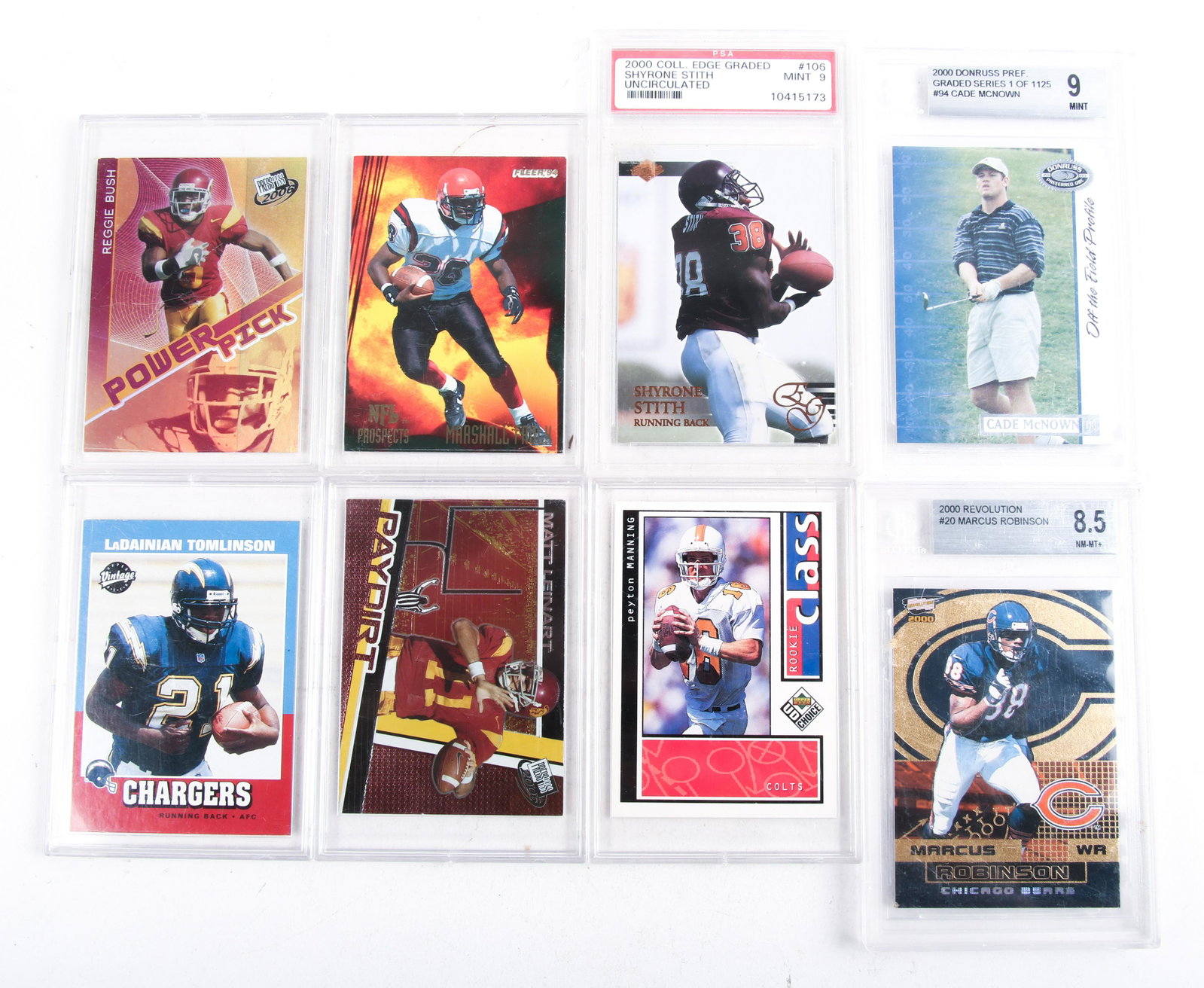 1990'S & 2000'S NFL TRADING CARD LOT OF 8: 1990'S & 2000'S NFL TRADING CARD LOT OF 8 Lot of 8 1990's and 2000's era NFL trading cards. Includes: 1994 Fleer Marshall Faulk 1998 Upper Deck Peyton Manning 2000