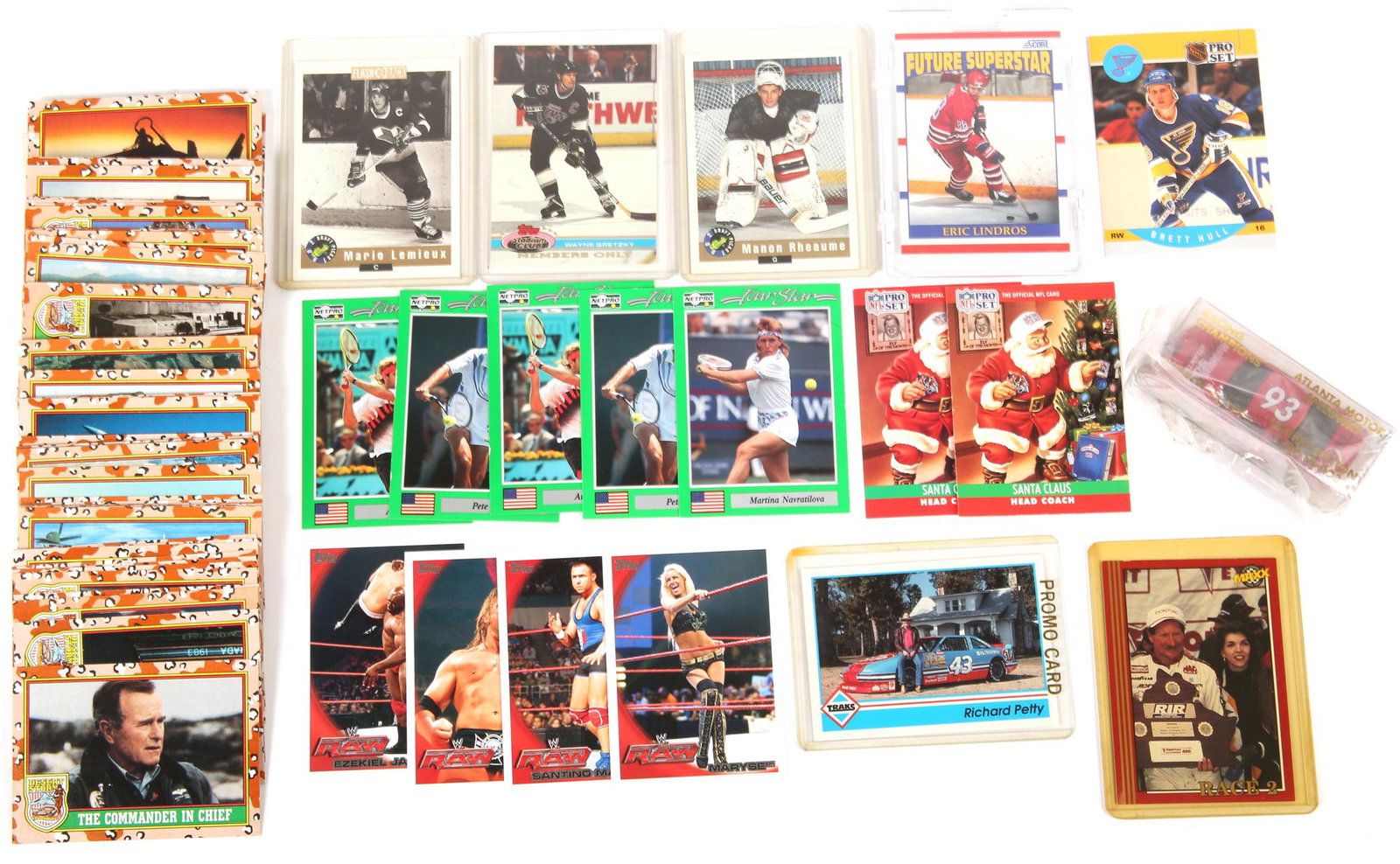 SPORTS POP CULTURE POLITICAL MILITARY TRADING CARD LOT: SPORTS POP CULTURE POLITICAL MILITARY TRADING CARD LOT Trading cards of professional sports players, military leaders and equipment, and popular culture figures. Includes: 82 Topps 1991 Desert Storm c